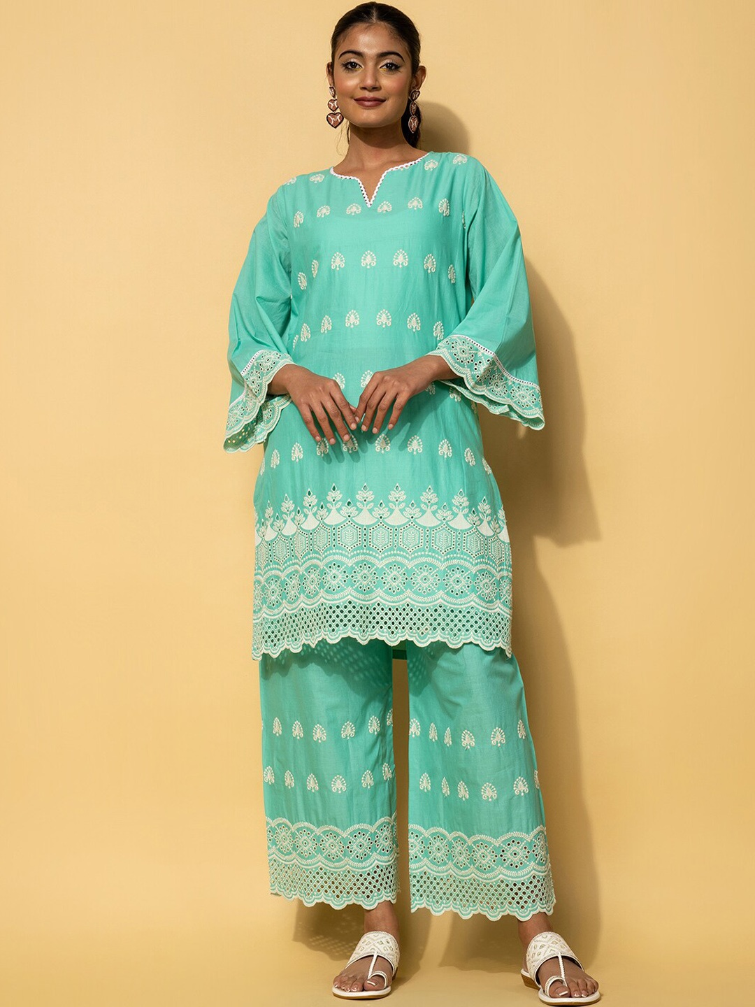 

Libas Floral Embroidered Pure Cotton Tunic With Palazzo, Sea green
