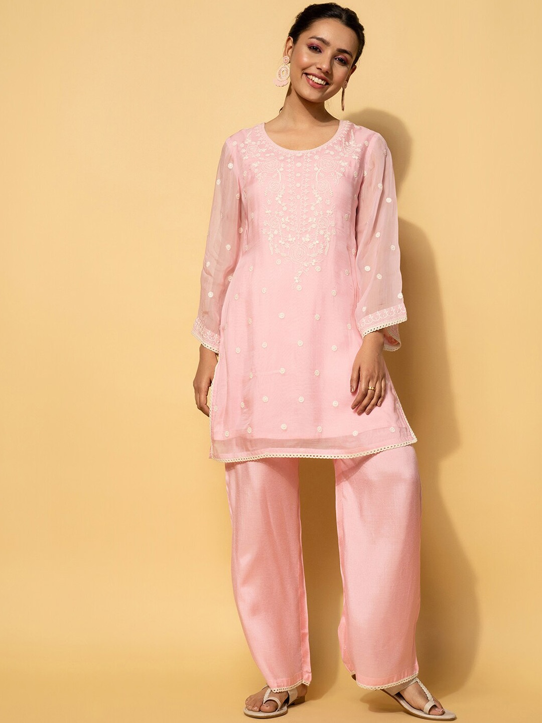 

Libas Floral Embroidered Round Neck Tunic with Palazzo, Pink
