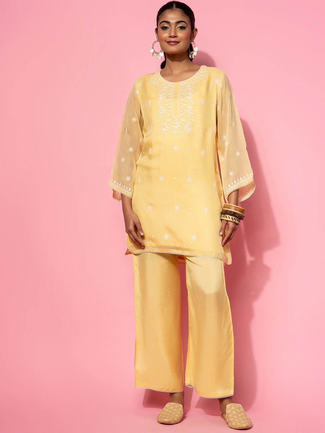 

Libas Floral Embroidered Round Neck Tunic With Palazzos, Yellow