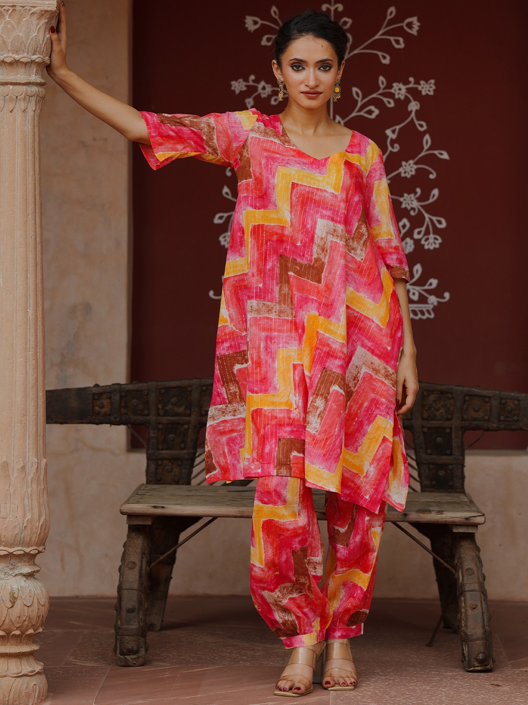 

Libas Abstract Printed V-Neck Pure Cotton Tunic with Salwar, Coral