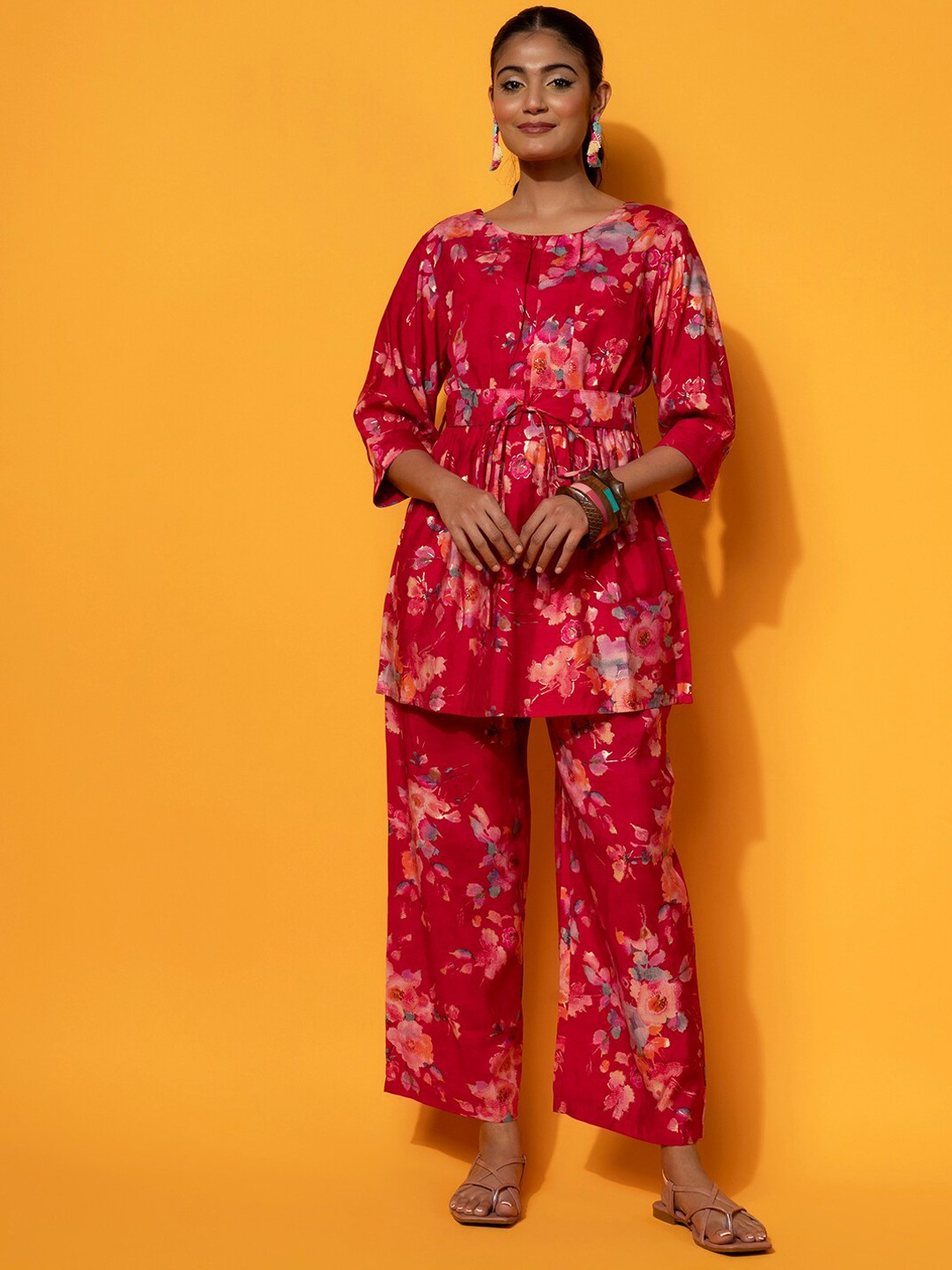 

Libas 3 Pcs Floral printed Tunic Palazzo With Waistbelt Co-Ords, Pink