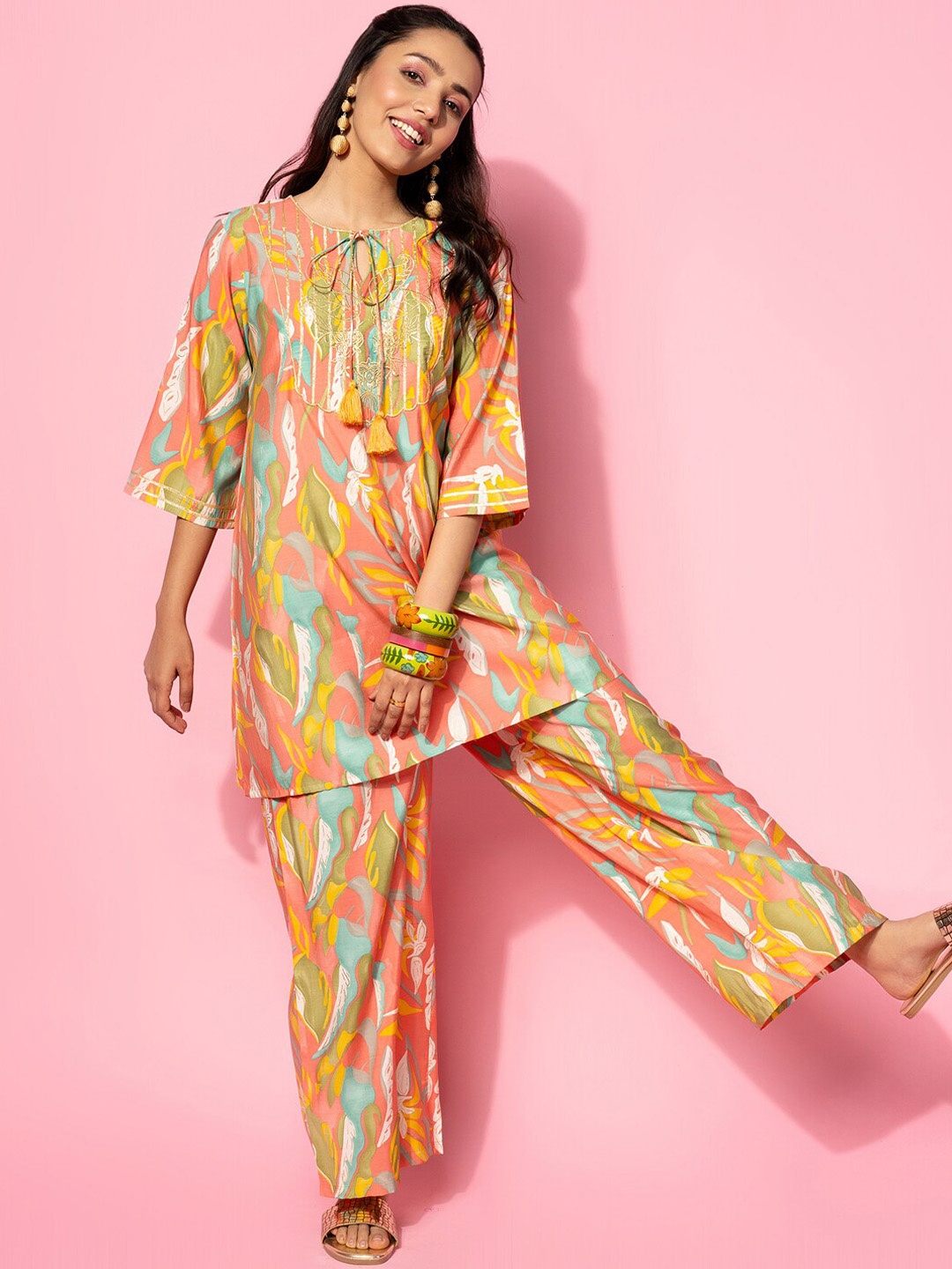 

Libas Abstract Printed Gotta Patti Tie Up Neck Tunic With Trouser, Coral