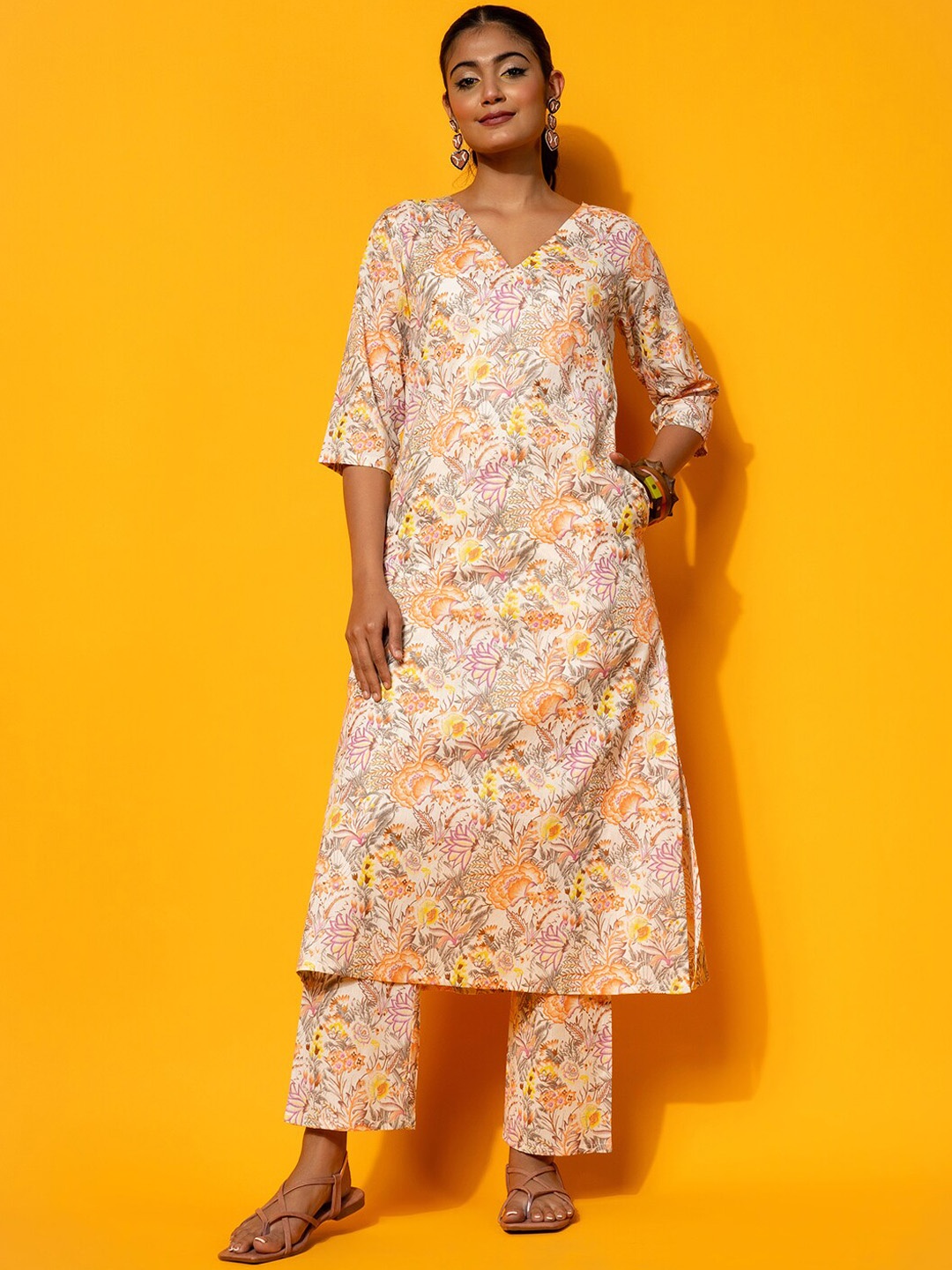 

Libas Floral Printed V-Neck Tunic With Trousers, Cream