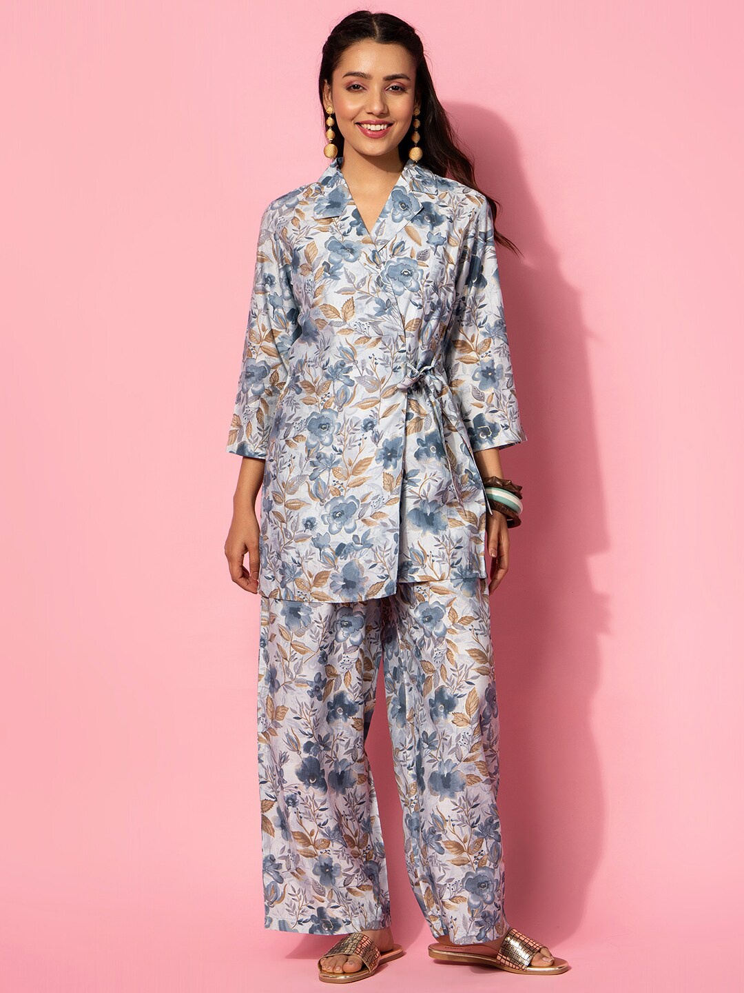 

Libas Floral Printed Coat With Palazzo Co-Ords, Grey