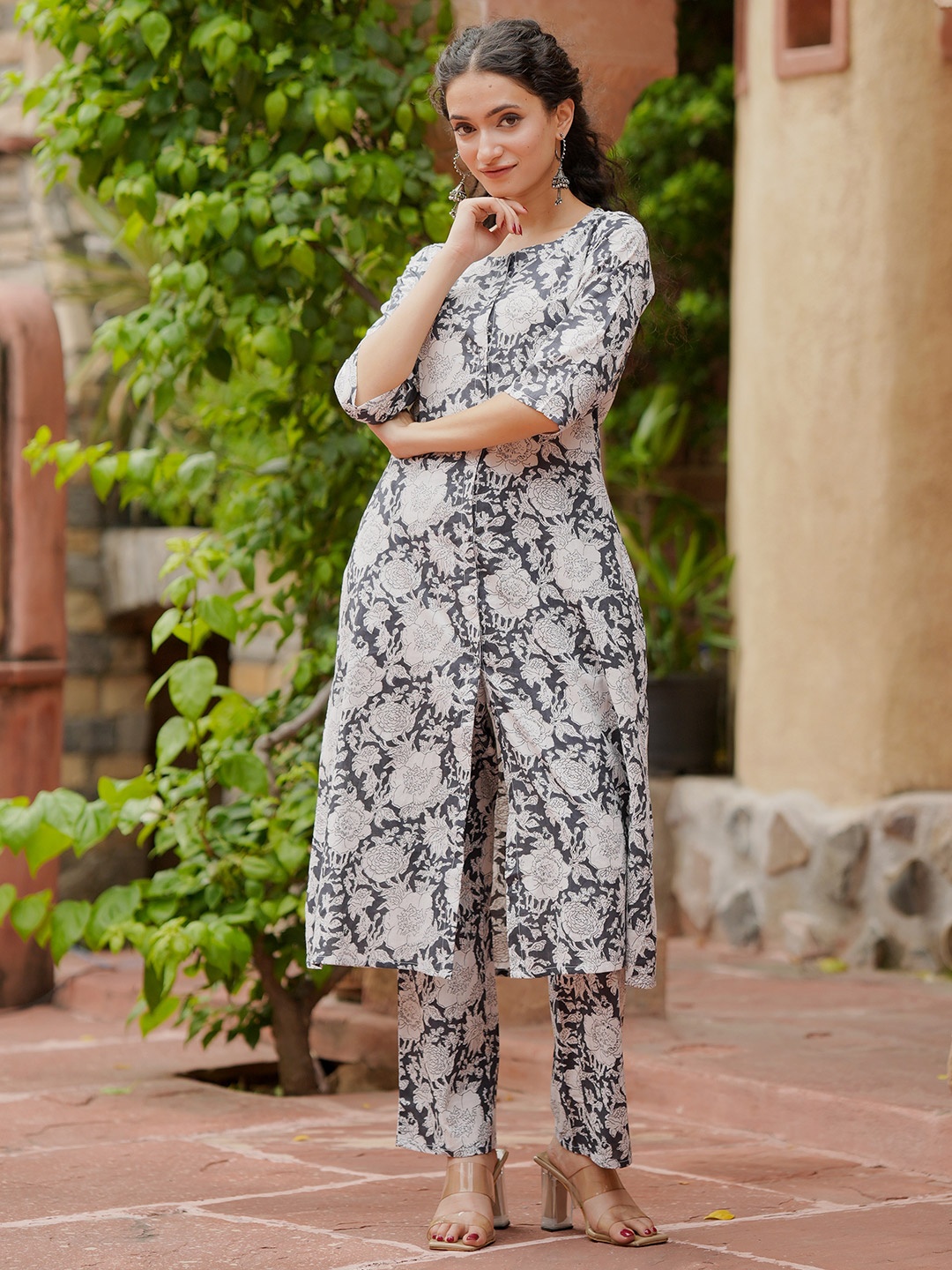 

Libas Floral Printed Round Neck Pure Cotton Long Tunic & Trouser, Grey