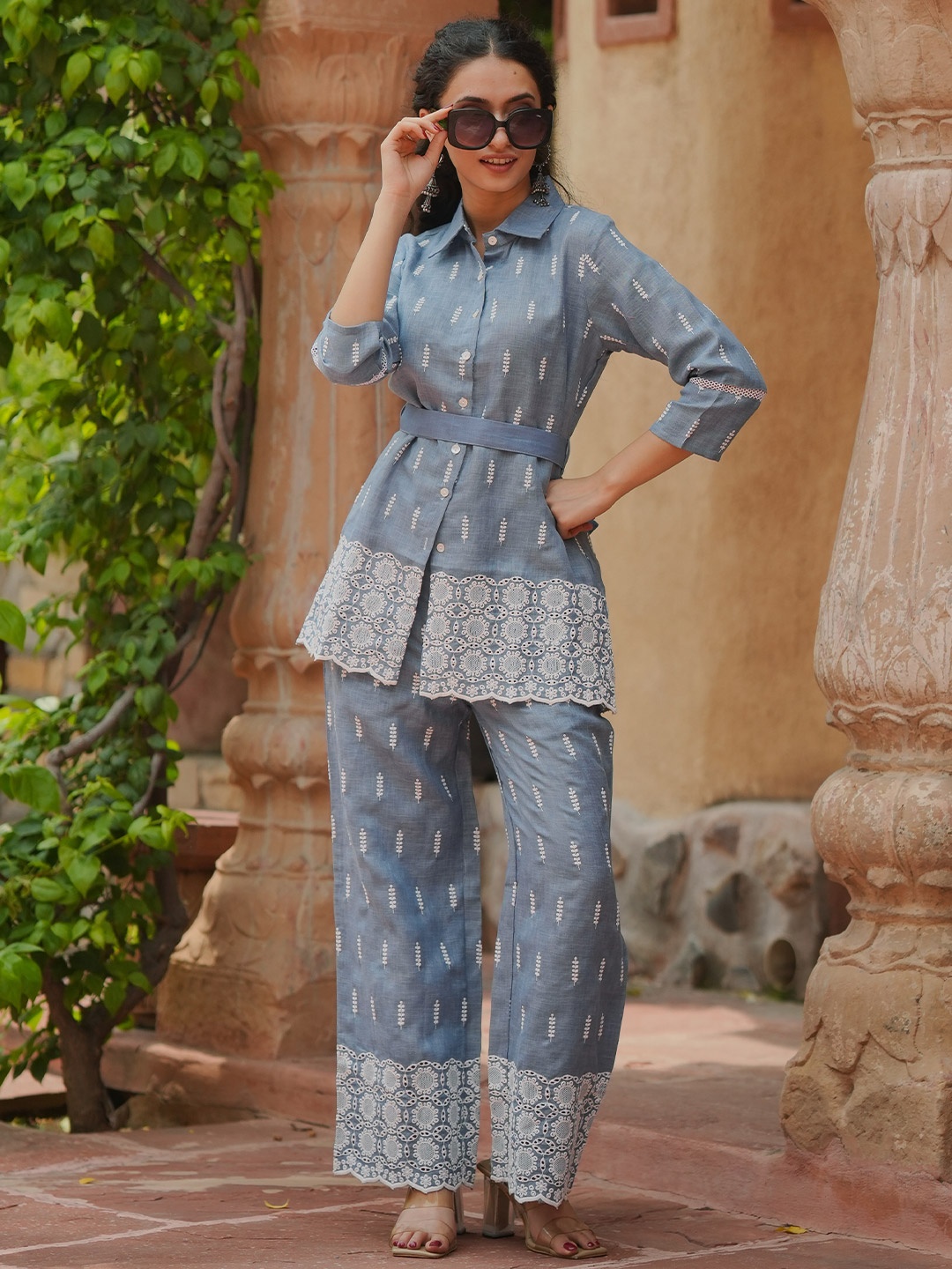 

Libas 3 Pcs Embroidered Shirt Palazzo With Belt Co-Ords, Blue