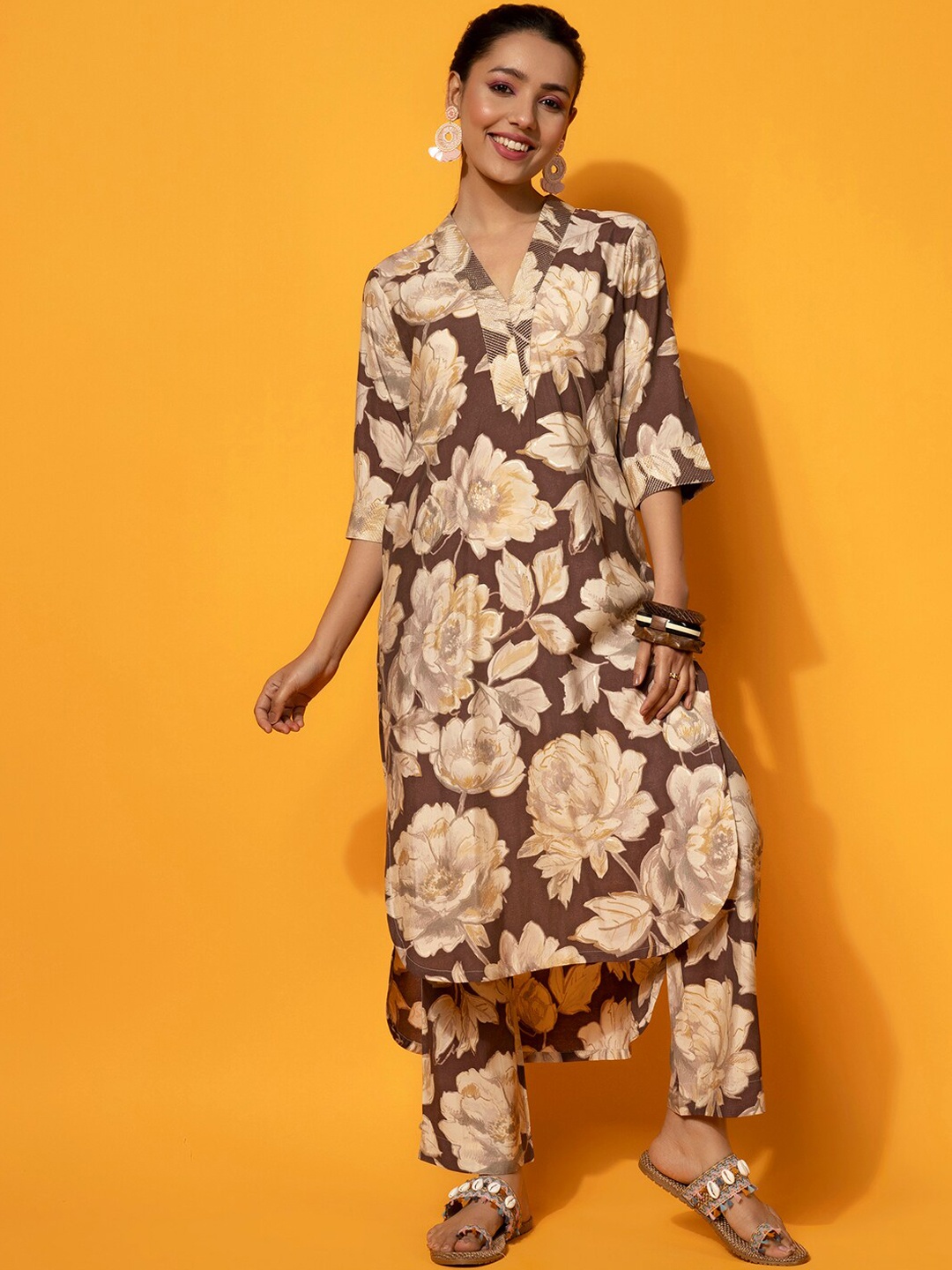

Libas Floral Printed V-Neck Tunic with Palazzo, Brown