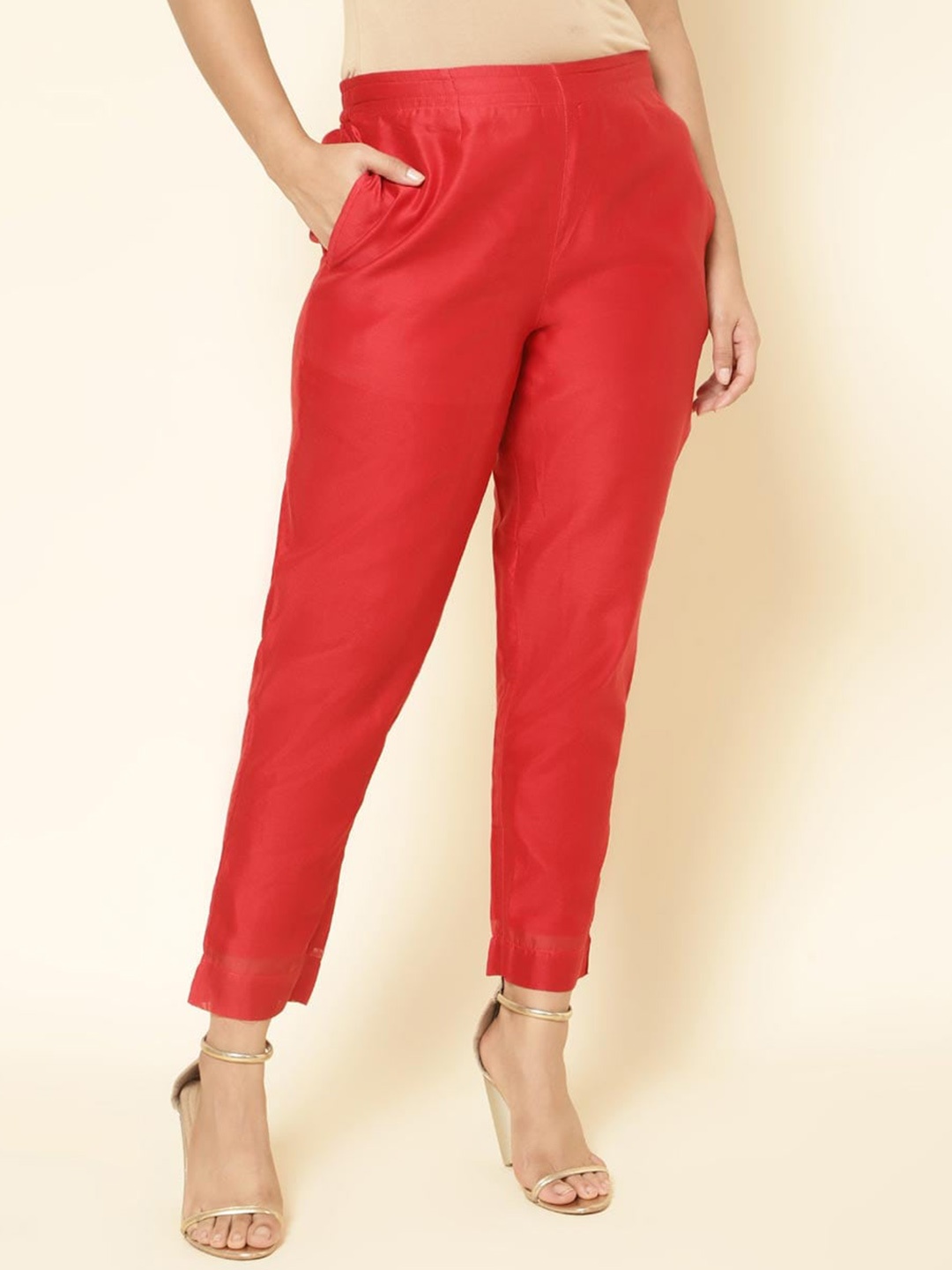 

Fabindia Women Regular Fit Mid-Rise Trousers, Red