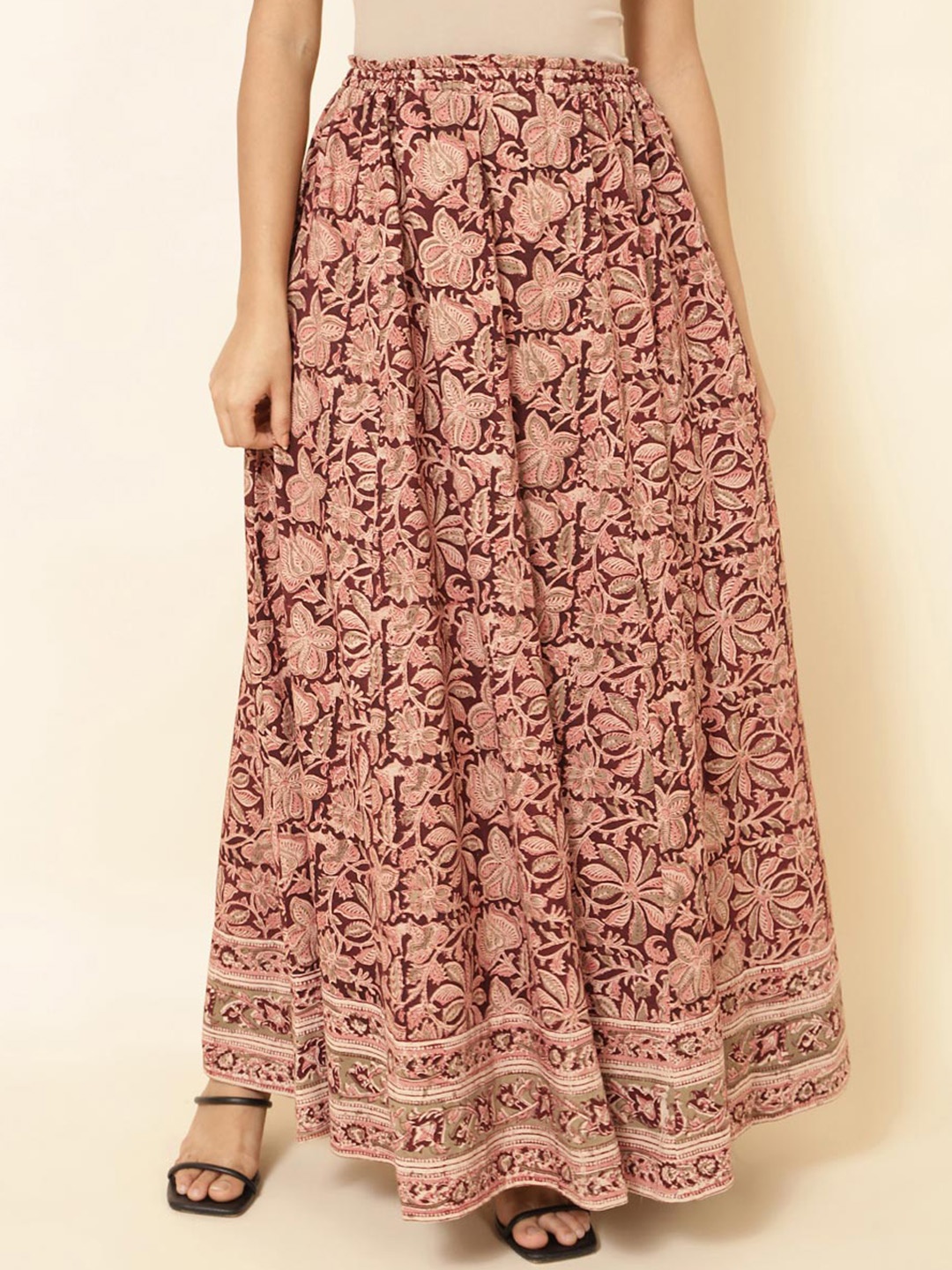 

Fabindia Pure Cotton Kalamkari Printed Flared Maxi Skirt, Maroon
