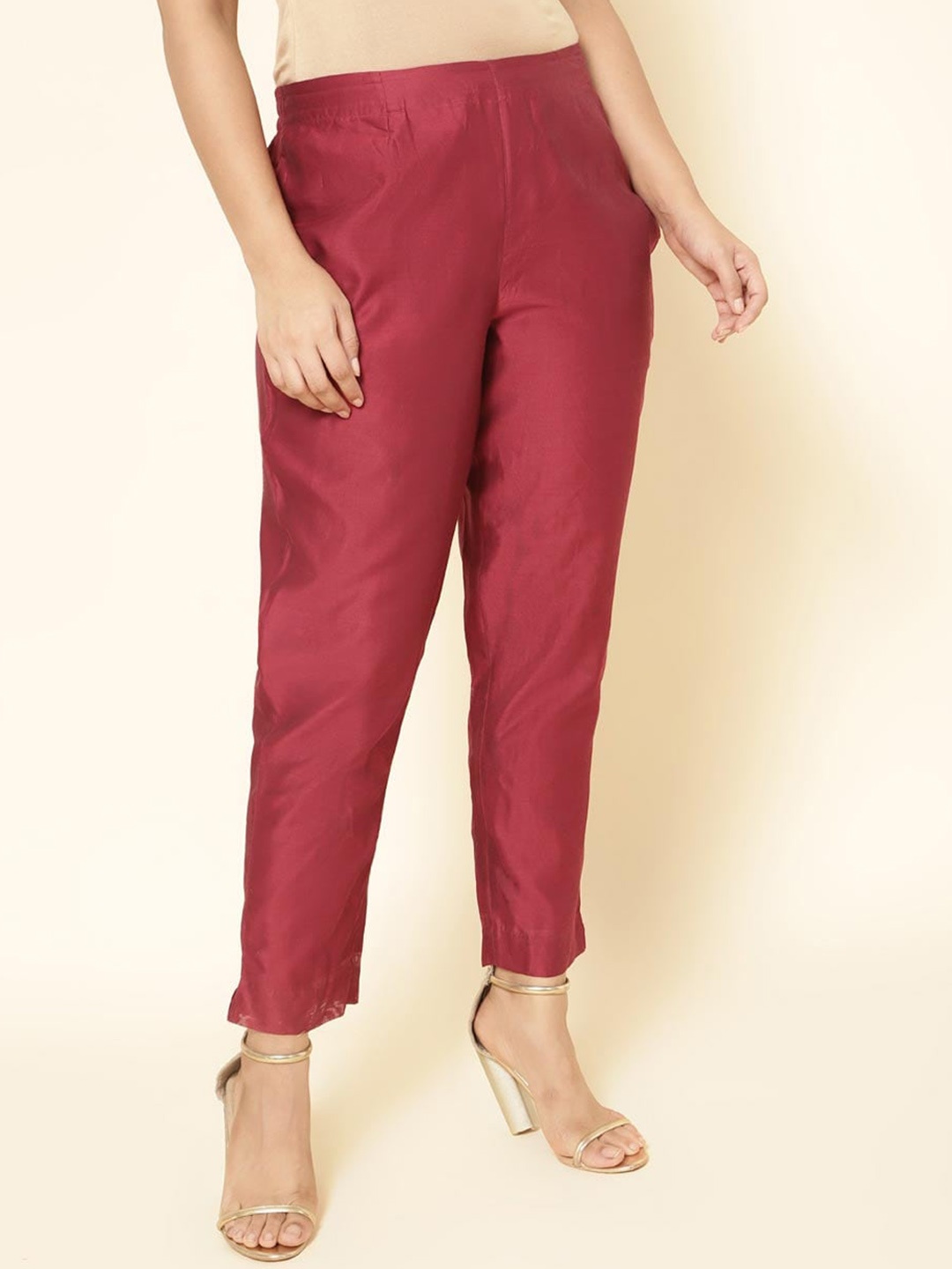 

Fabindia Women Ethnic Mid-Rise Cigarette Trousers, Maroon