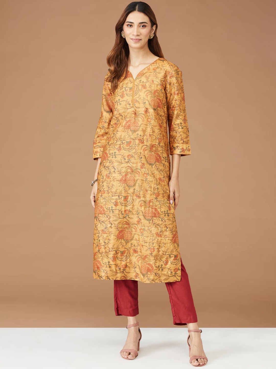 

Fabindia Floral Printed V-Neck Silk Straight Kurta, Mustard