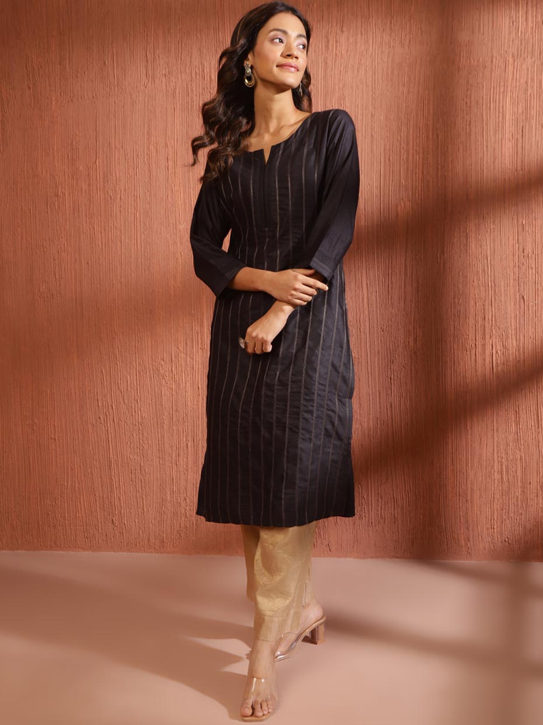 

Fabindia Striped Round Neck Straight Long Kurta, Black
