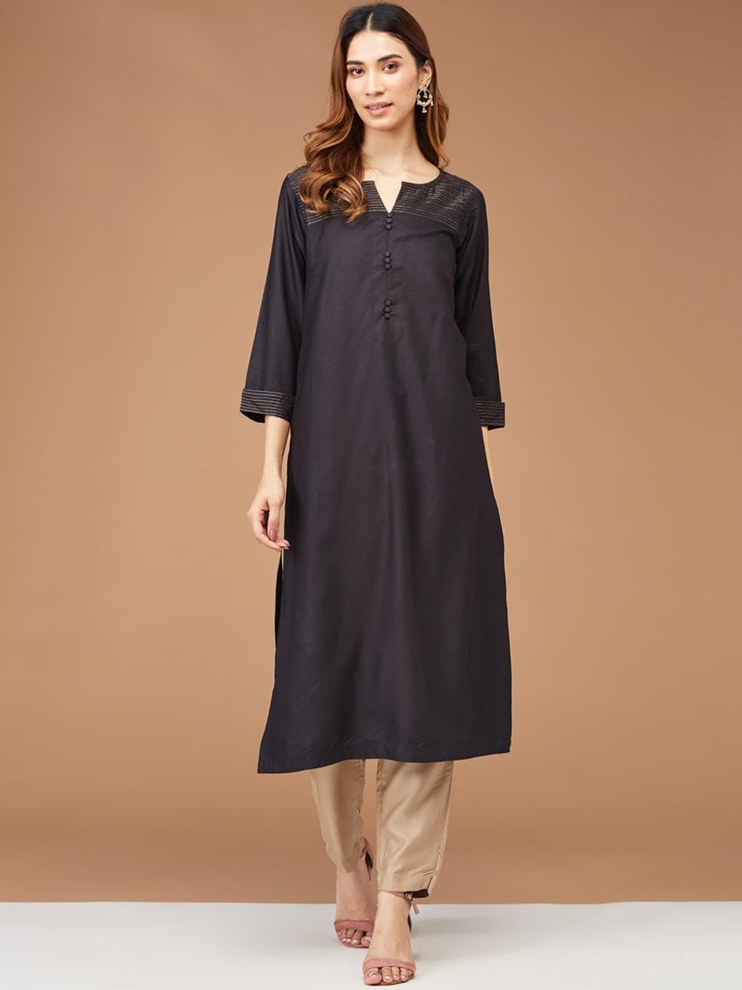 

Fabindia Striped Embroidered Straight Kurta, Black