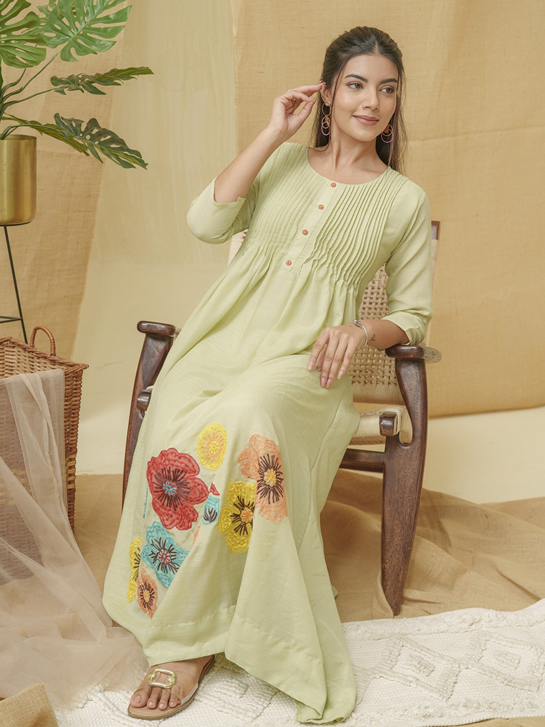 

Sangria Floral Embroidered Round Neck Maxi Dress, Olive