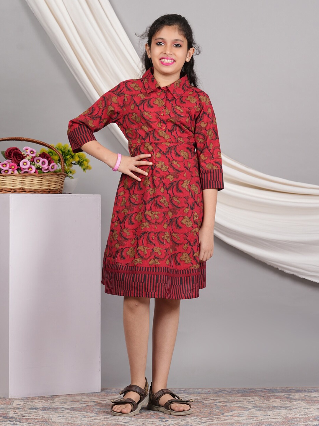 

YASH GALLERY Floral Printed Puff Sleeves Cotton A-Line Dress, Maroon