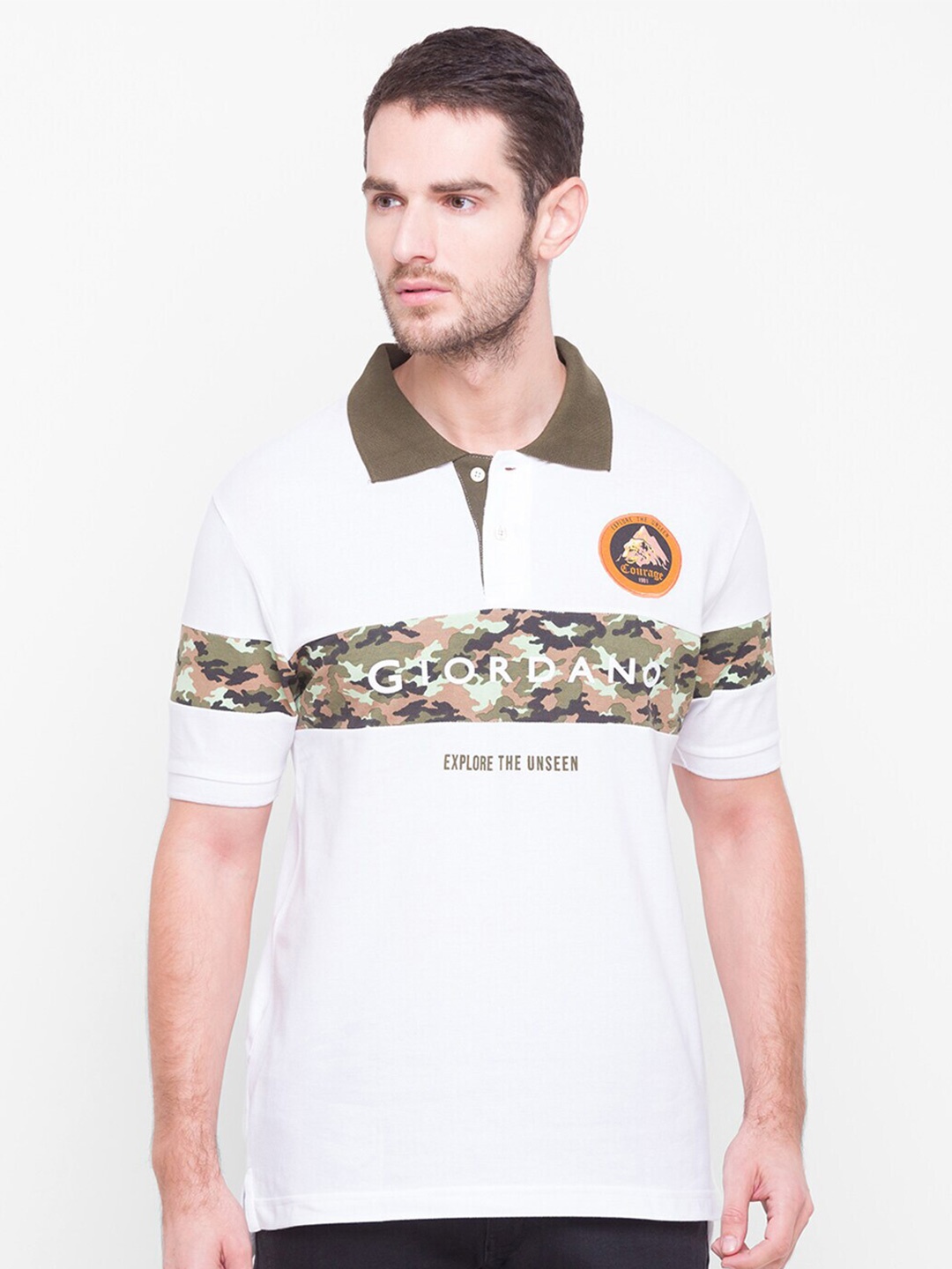 

GIORDANO Typography Printed Polo Collar Cotton Slim Fit T-shirt, White