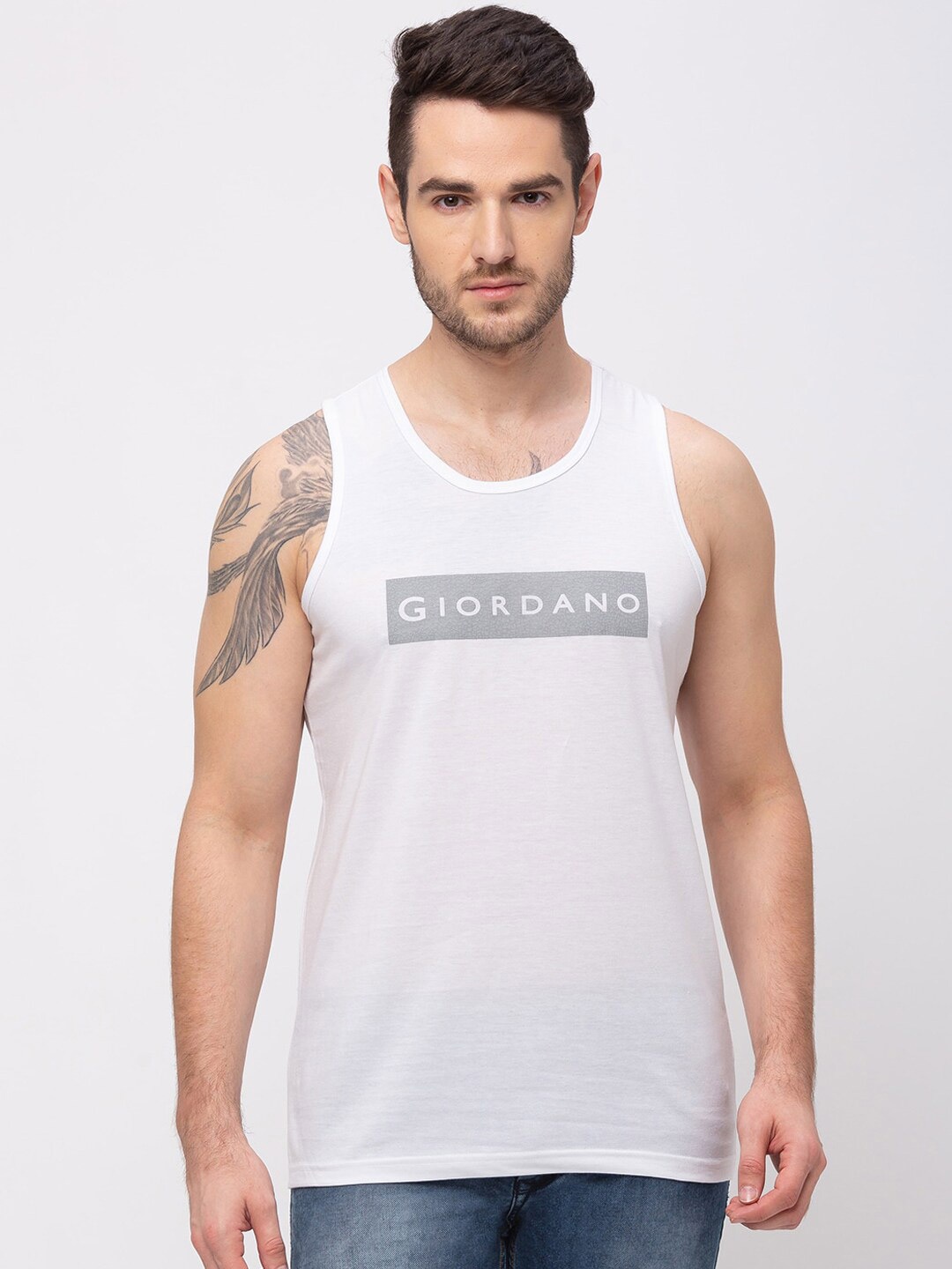 

GIORDANO Typography Printed Sleeveless Cotton Slim Fit T-shirt, White