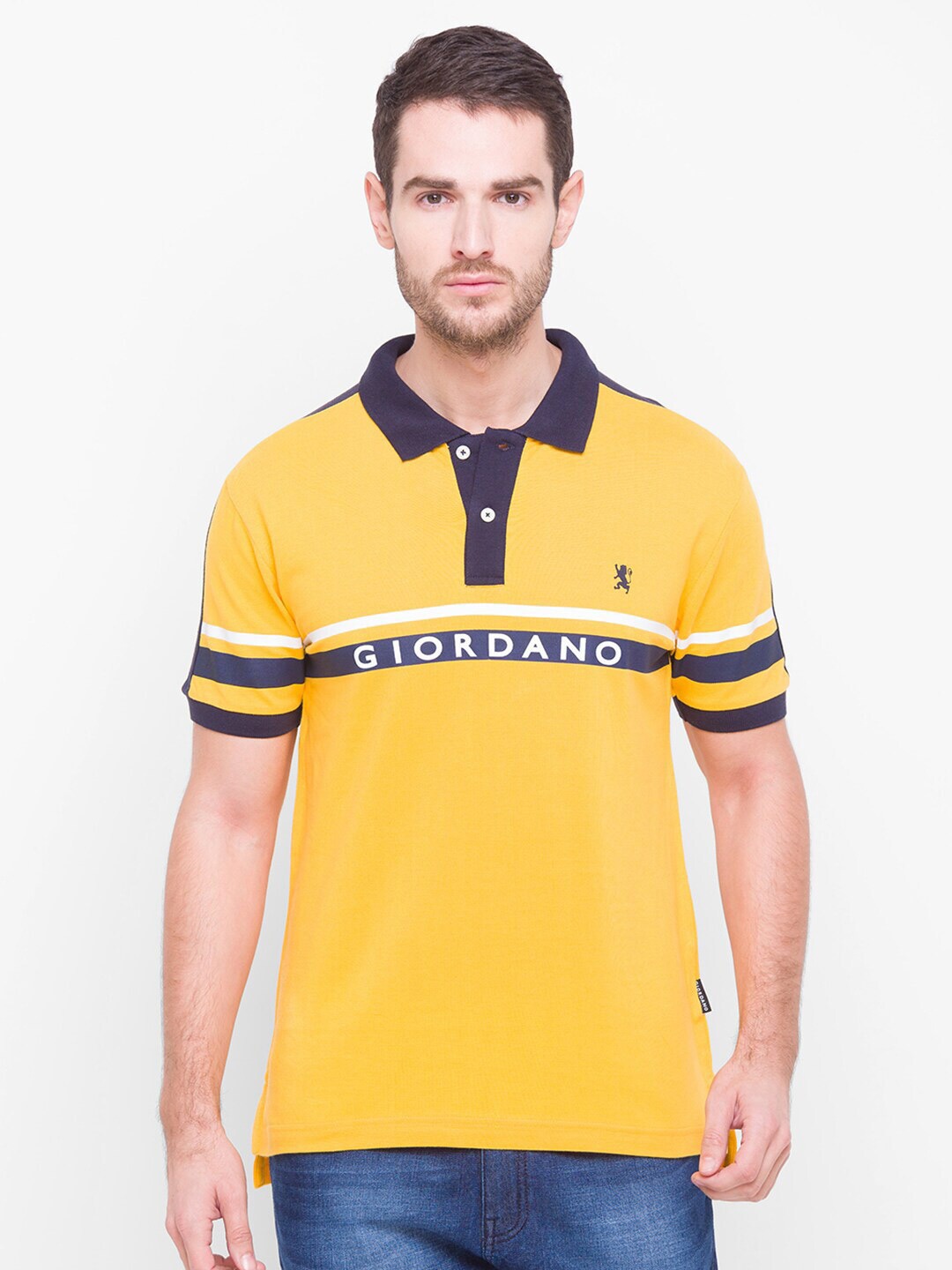 

GIORDANO Typography Printed Striped Polo Collar Slim Fit T-shirt, Yellow