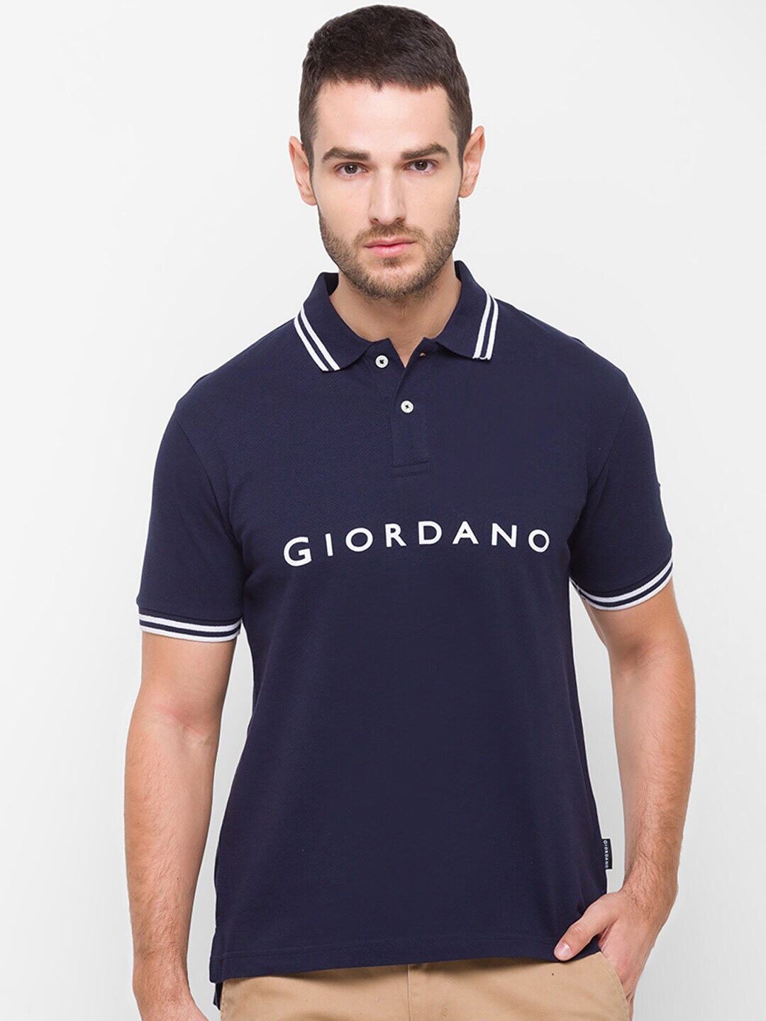 

GIORDANO Typography Printed Polo Collar Cotton Slim Fit T-shirt, Navy blue