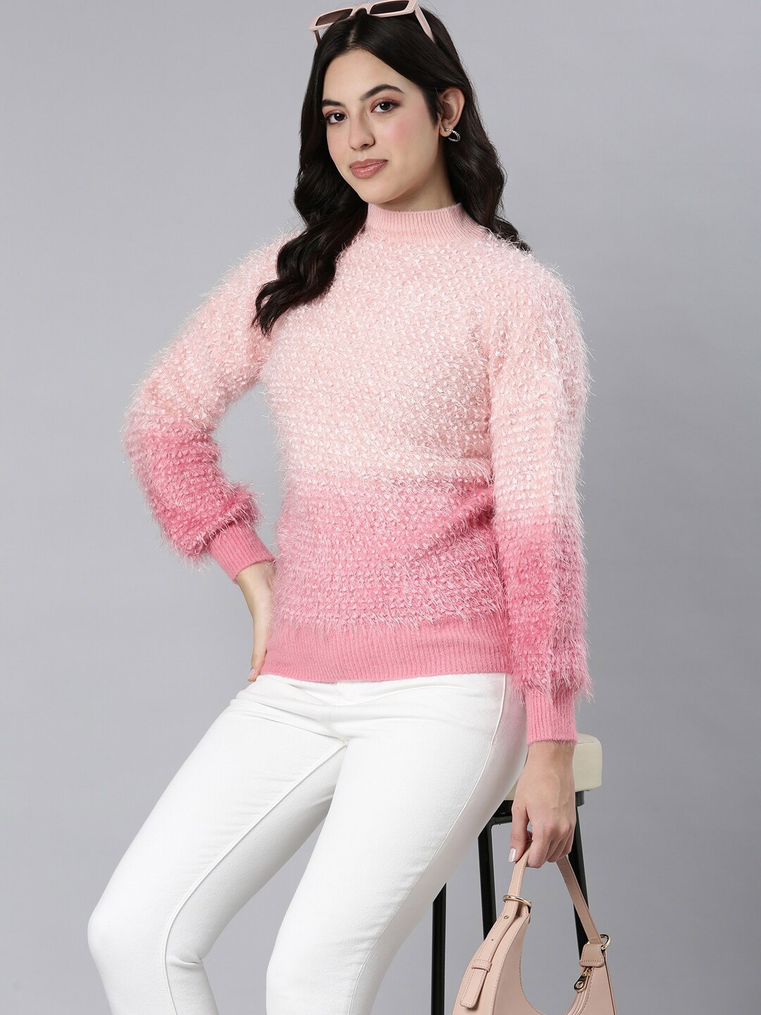 

SHOWOFF Women Speckled Printed Pullover with Fuzzy Detail, Peach