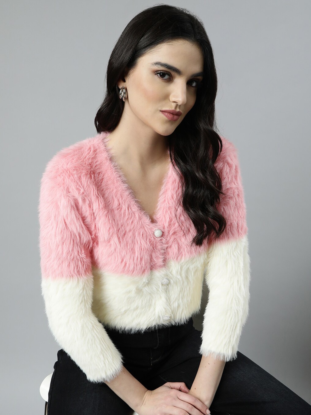 

SHOWOFF Women Colourblocked Crop Cardigan with Fuzzy Detail, Pink