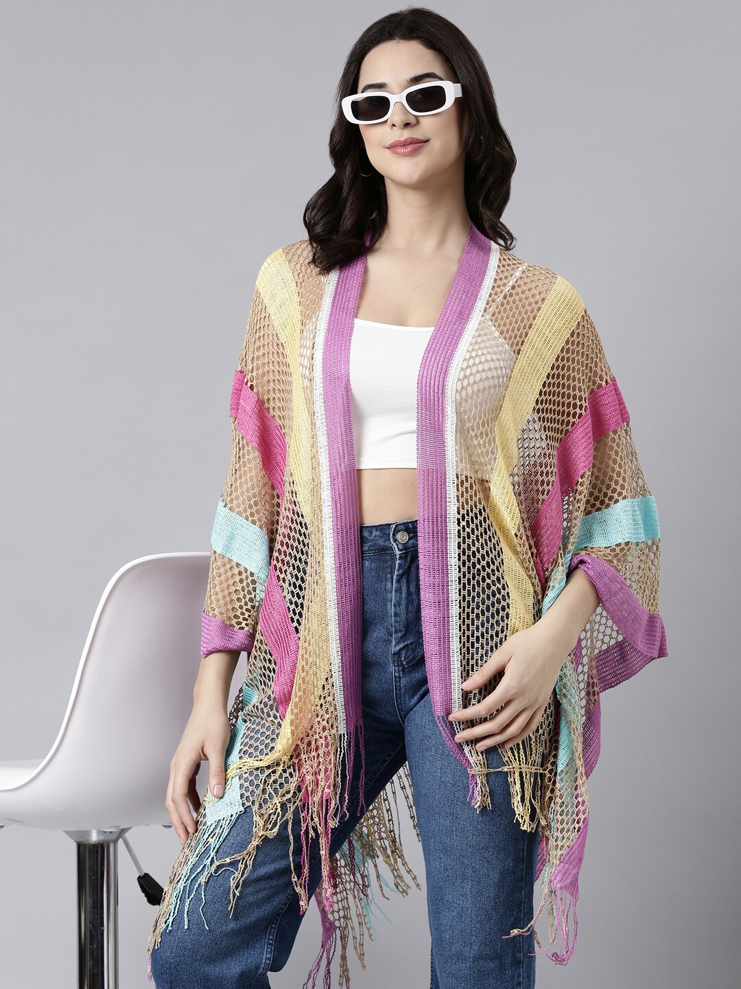 

SHOWOFF Women Striped Printed Longline Poncho, Pink