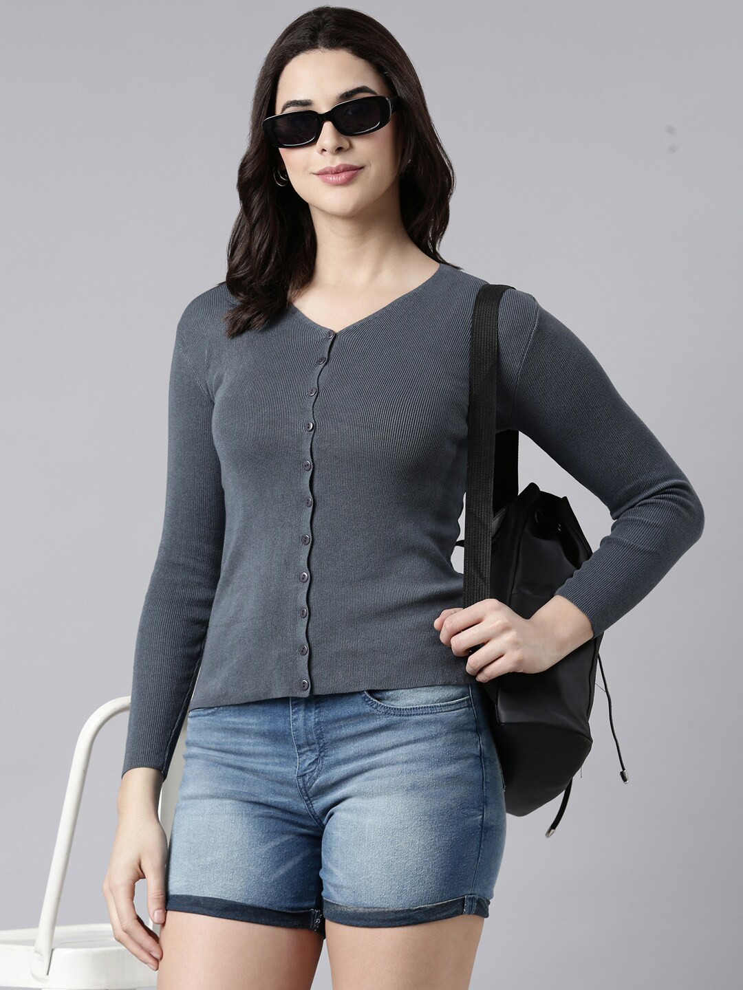 

SHOWOFF Women Ribbed Cardigan, Grey
