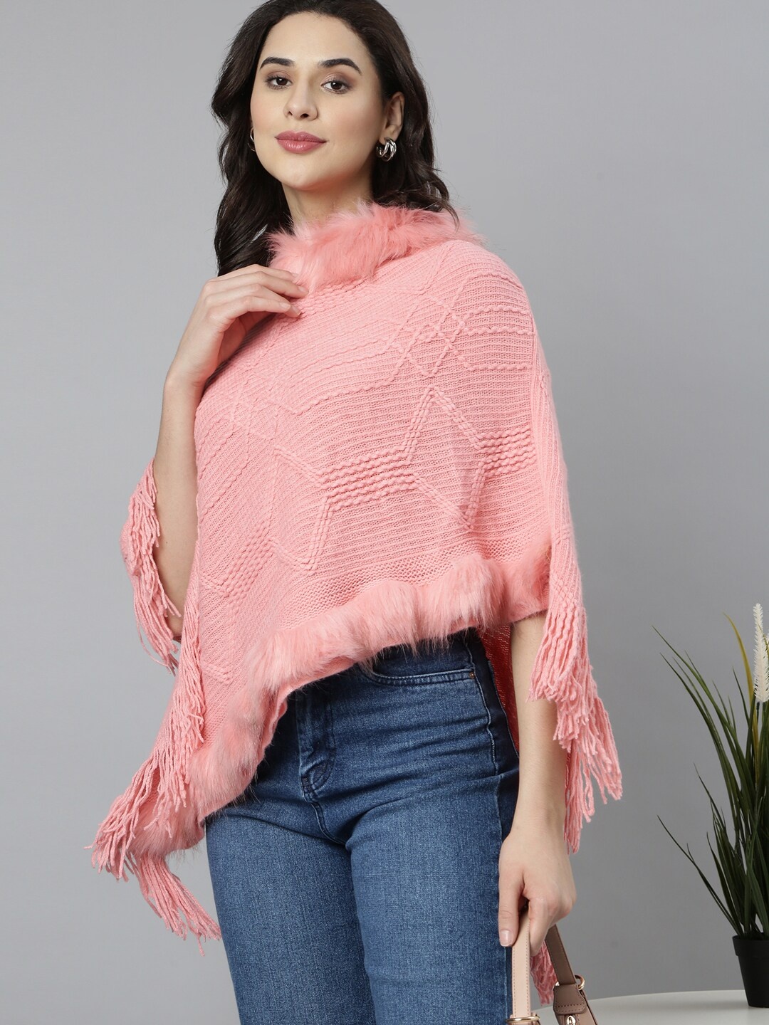 

SHOWOFF Women Cable Knit Longline Poncho with Fringed Detail, Peach