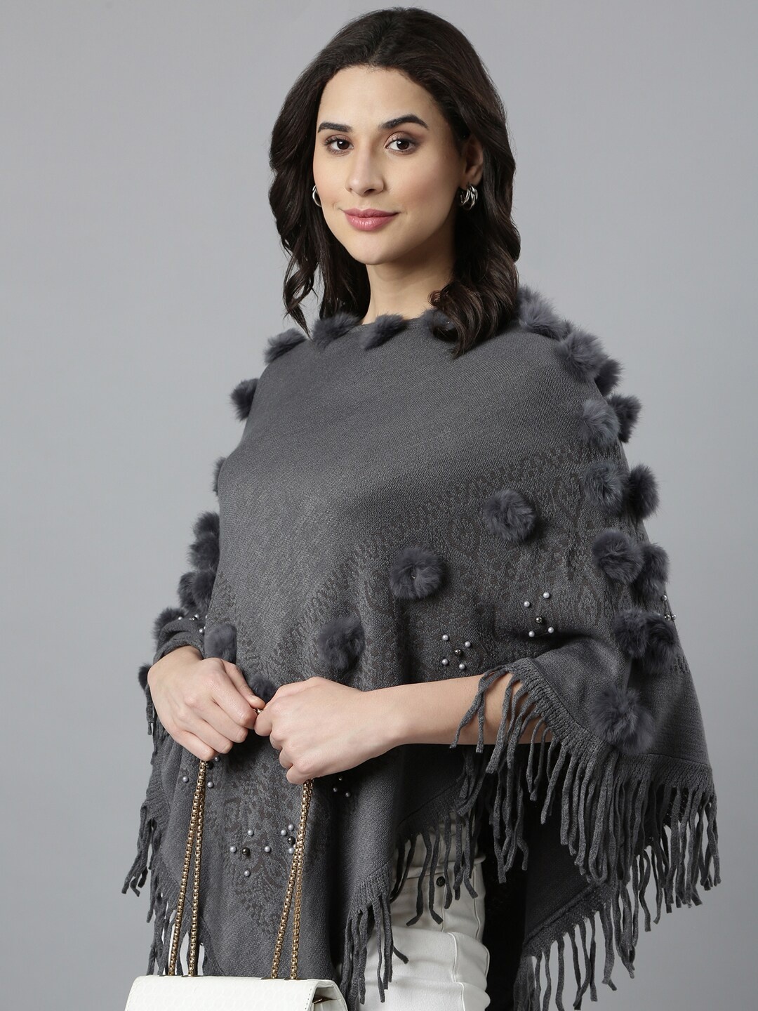 

SHOWOFF Women Cable Knit Longline Poncho with Embellished Detail, Grey