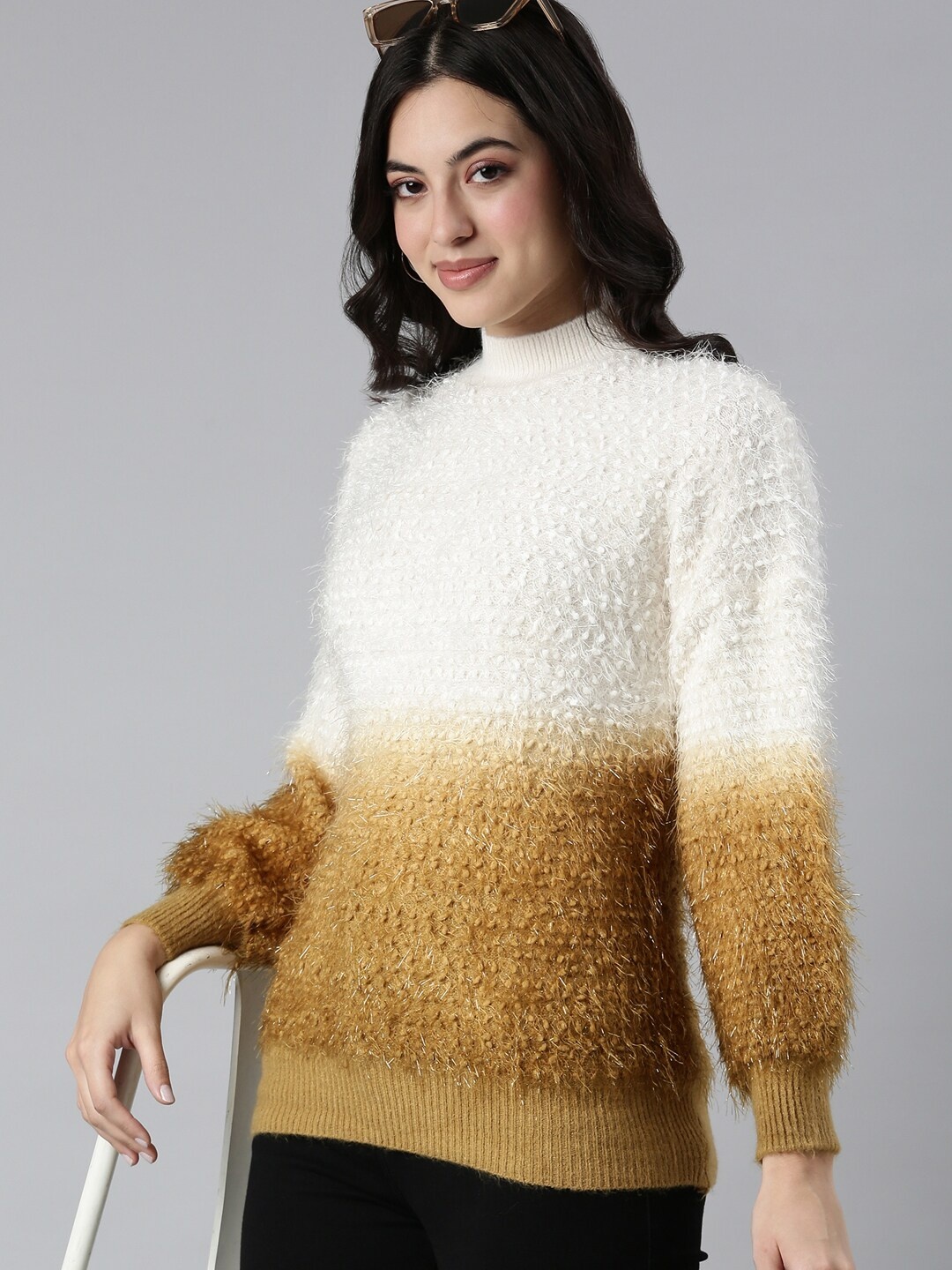 

SHOWOFF Women Speckled Pullover with Fuzzy Detail, Mustard