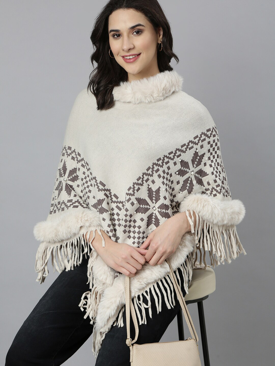 

SHOWOFF Women Longline Poncho with Embellished Detail, Beige