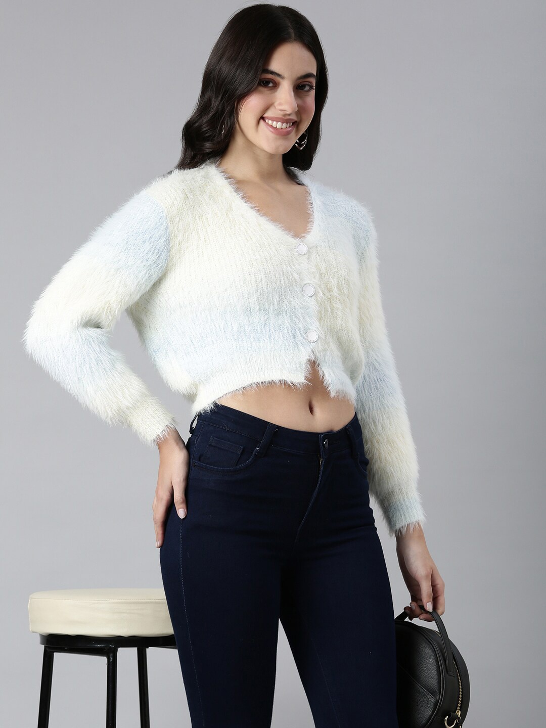 

SHOWOFF Women Crop Cardigan with Fuzzy Detail, Cream