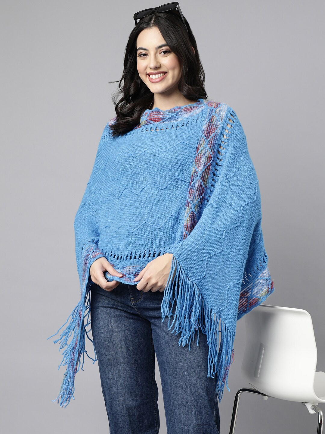 

SHOWOFF Women Chevron Longline Poncho with Fringed Detail, Blue