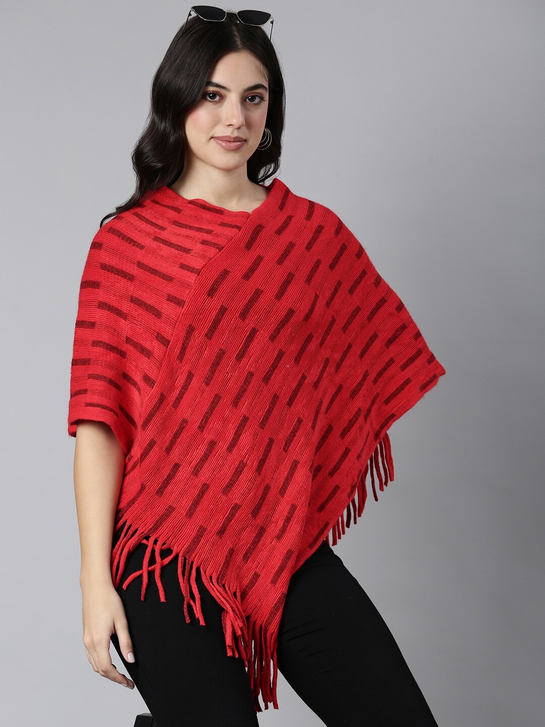 

SHOWOFF Women Striped Poncho, Red