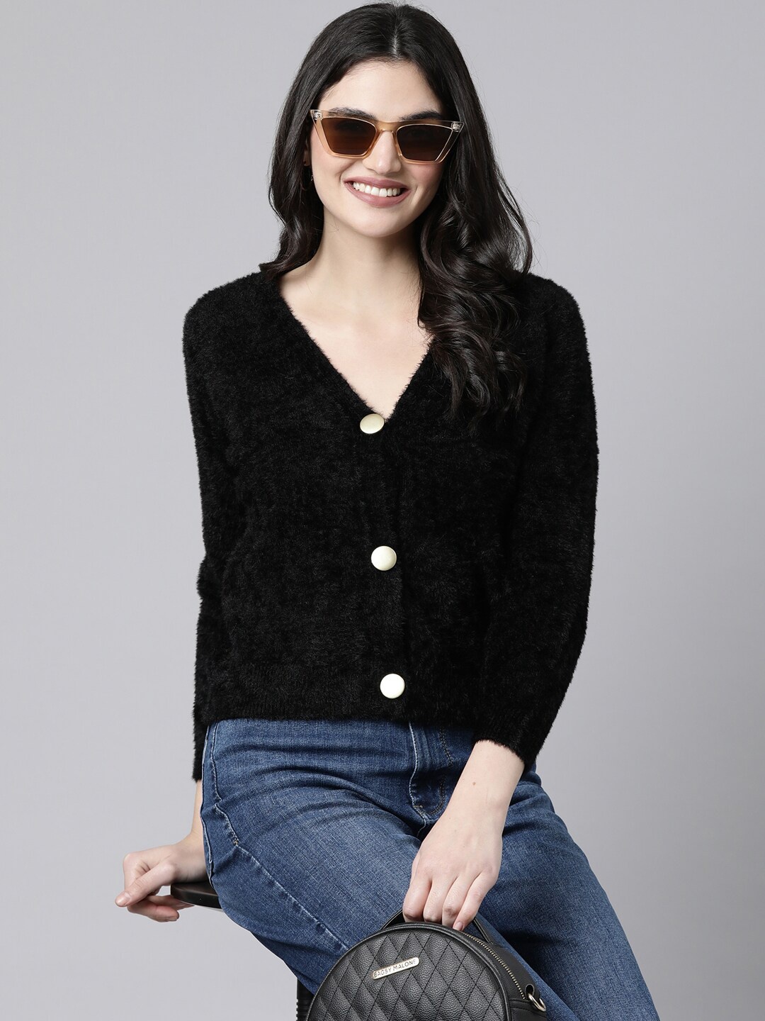

SHOWOFF Women Cardigan with Fuzzy Detail, Black