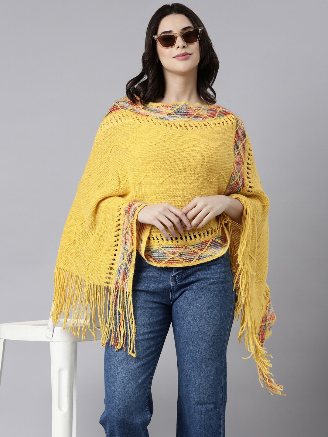 

SHOWOFF Women Chevron Poncho, Yellow