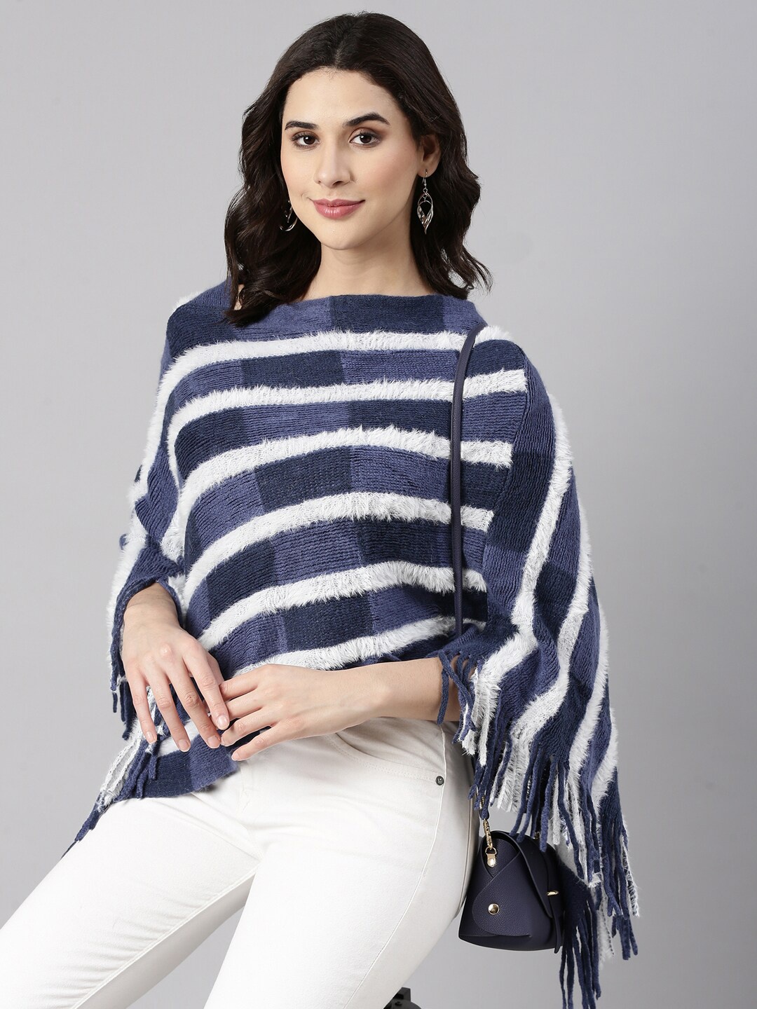

SHOWOFF Women Striped Poncho, Navy blue