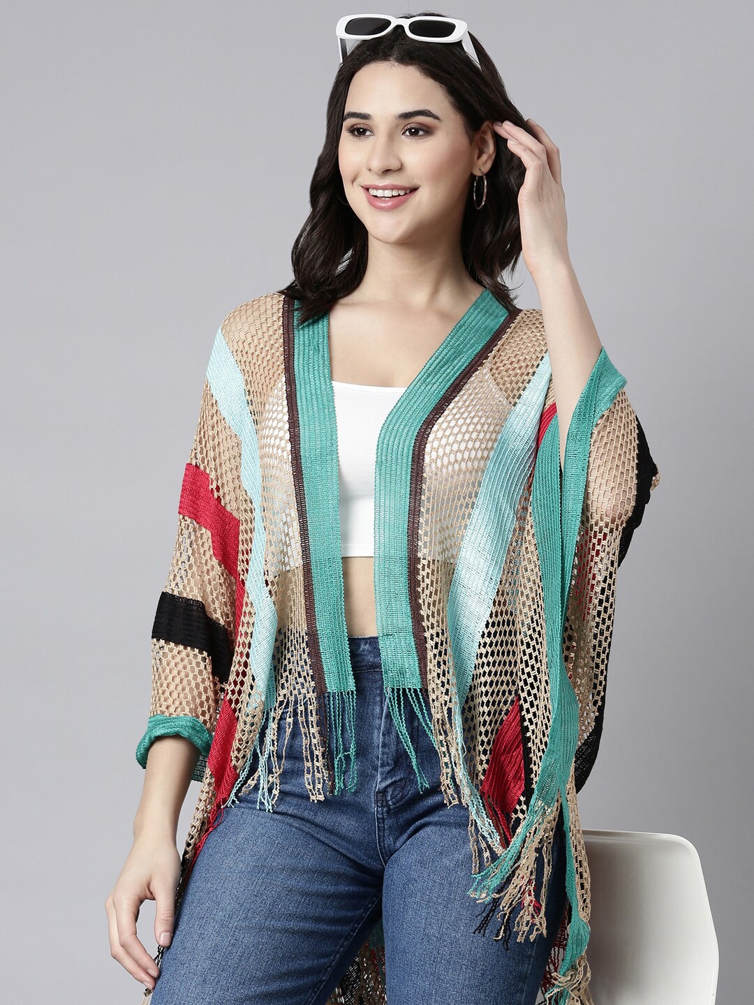 

SHOWOFF Women Striped Longline Poncho, Beige