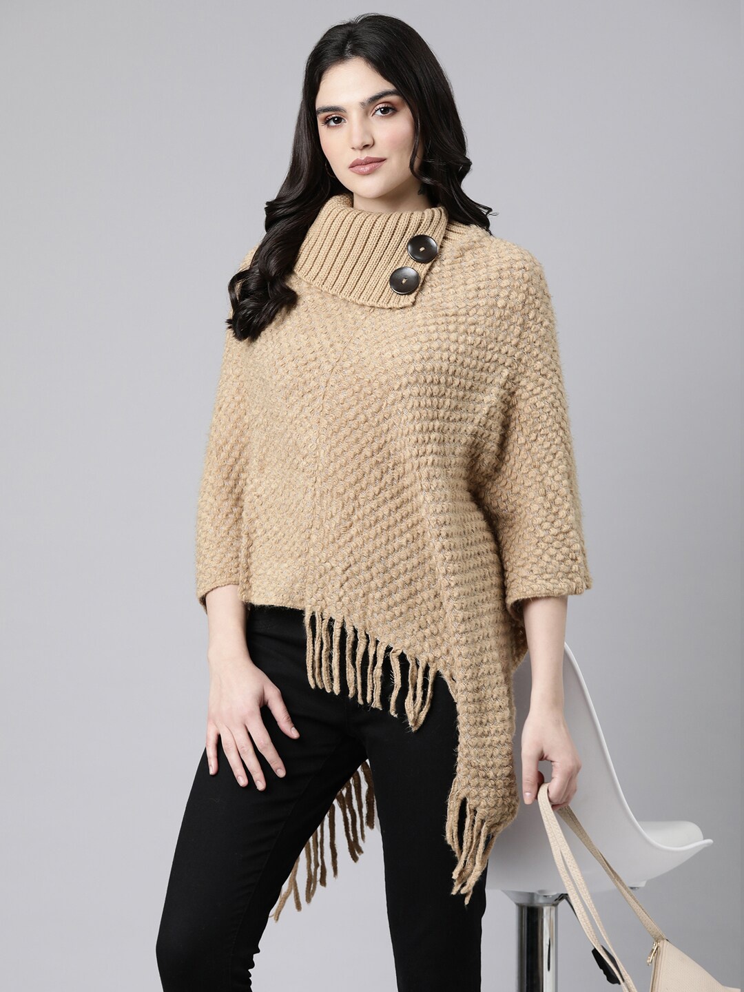 

SHOWOFF Women Ribbed Longline Poncho, Beige