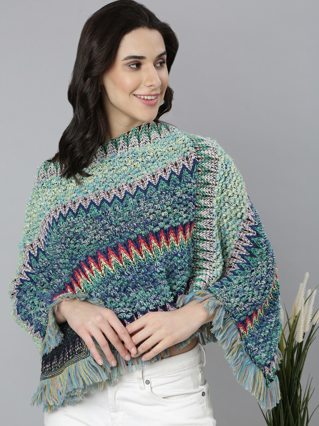 

SHOWOFF Women Colourblocked Poncho, Green