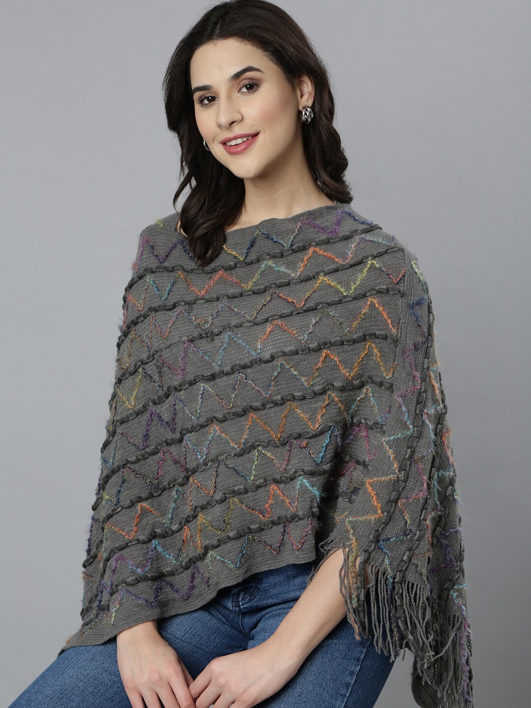 

SHOWOFF Women Chevron Longline Poncho, Grey