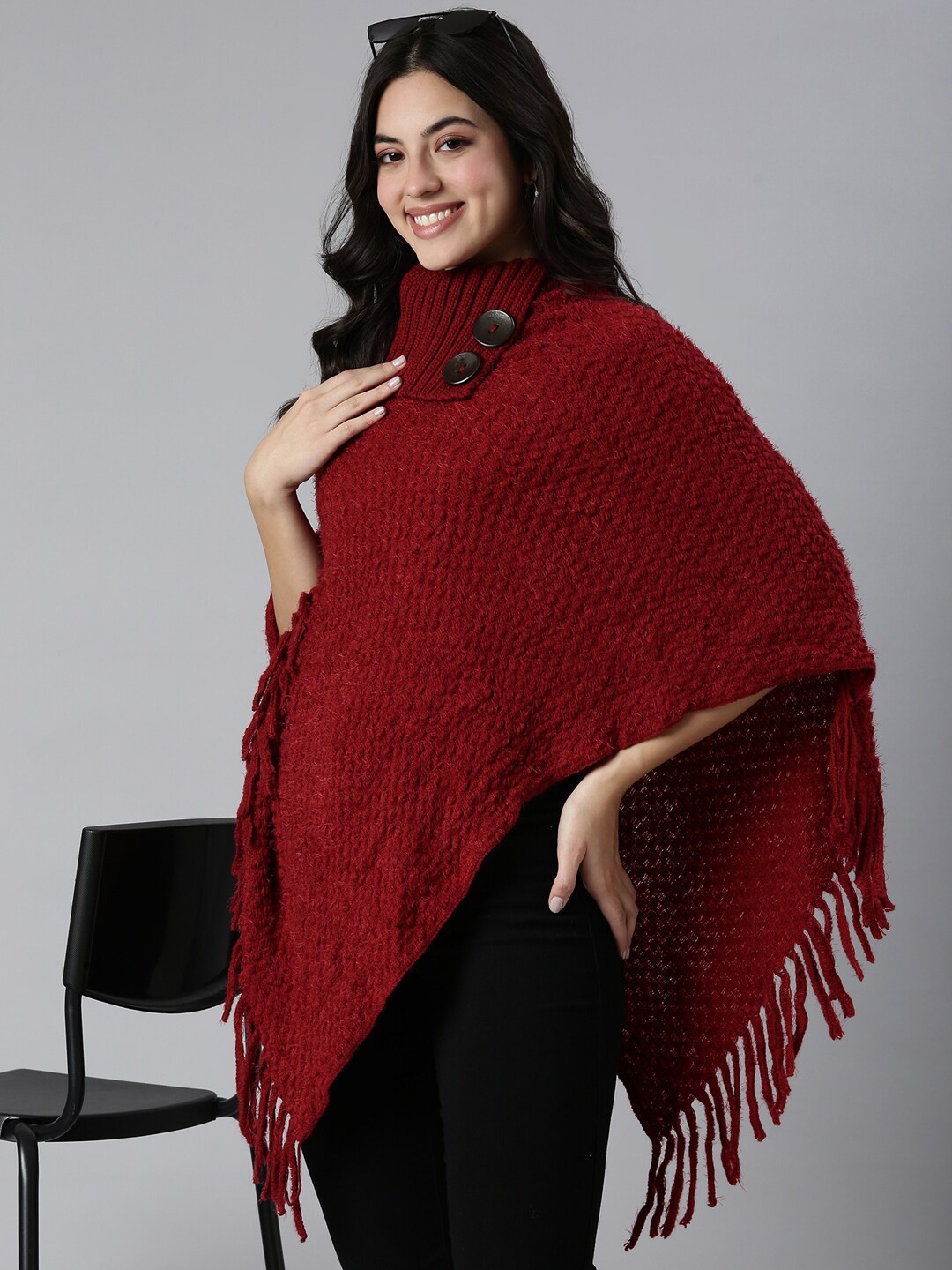 

SHOWOFF Women Cable Knit Longline Poncho, Maroon
