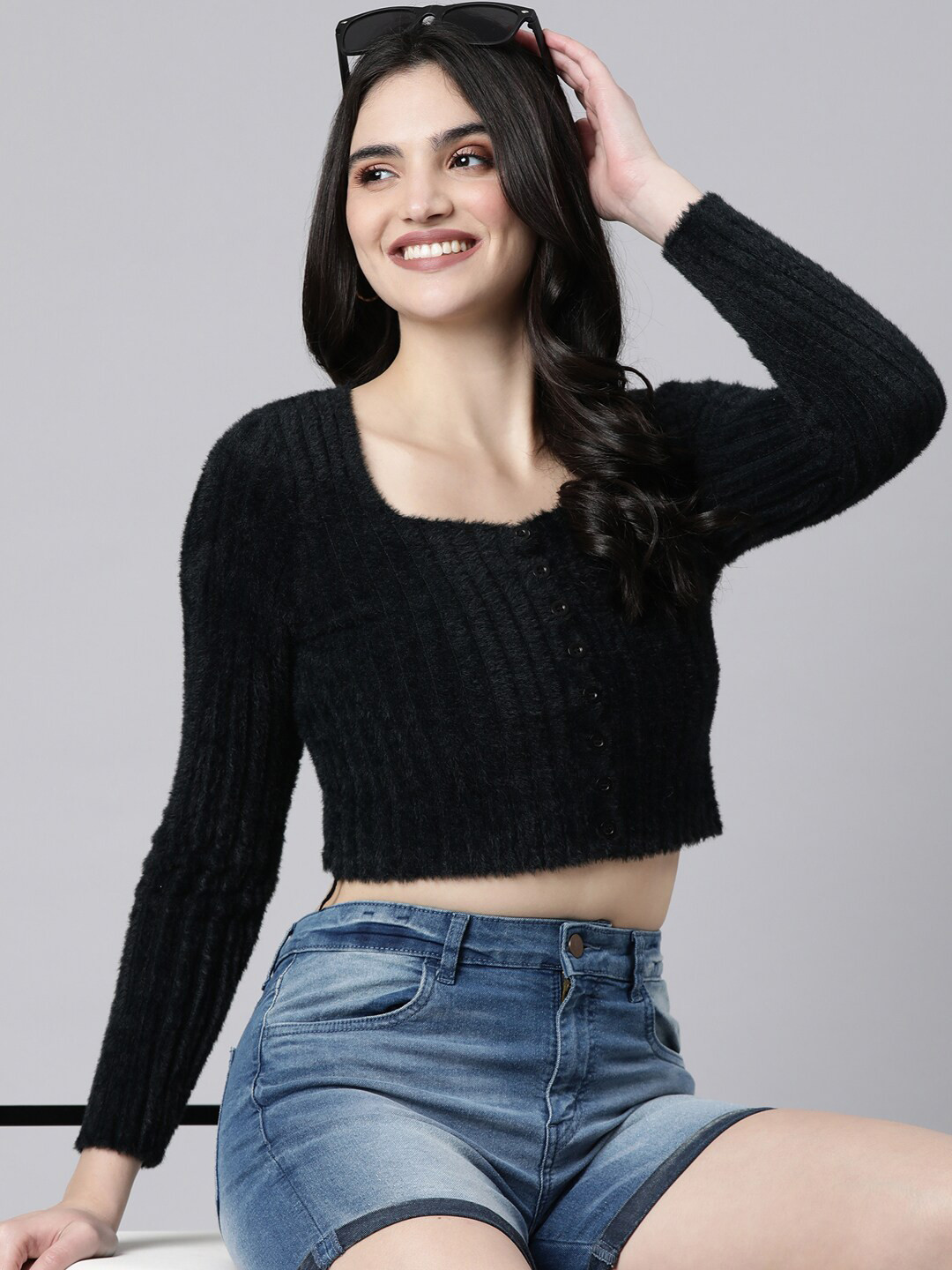 

SHOWOFF Women Striped Crop Cardigan with Fuzzy Detail, Black