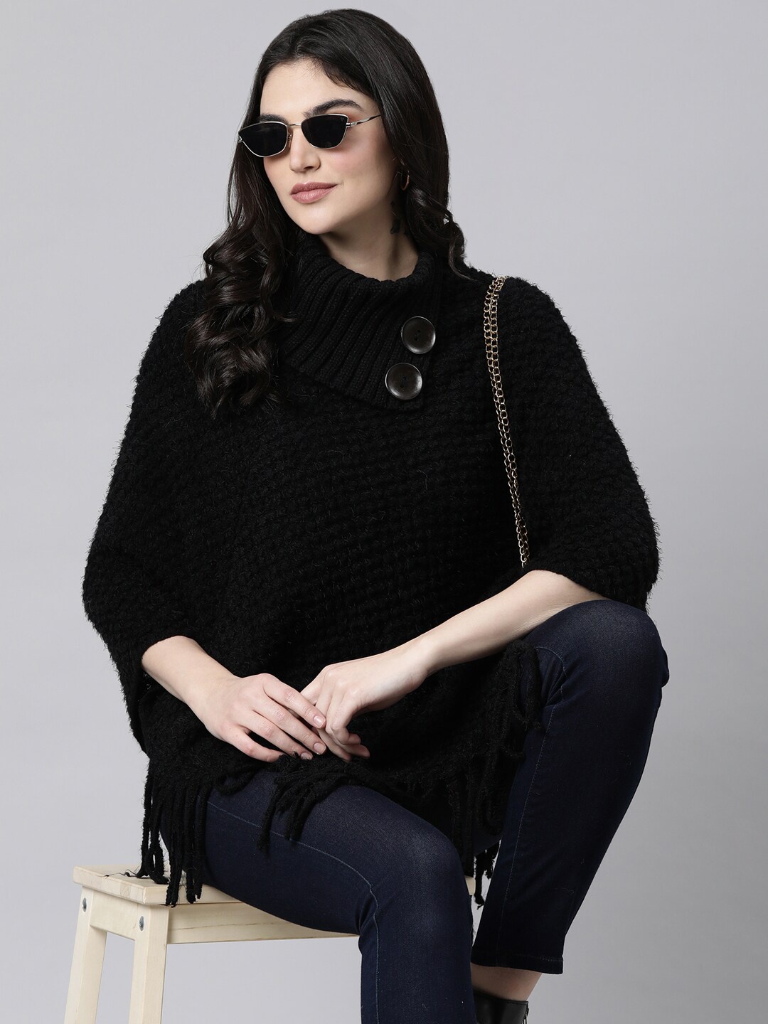 

SHOWOFF Women Cable Knit Longline Poncho, Black