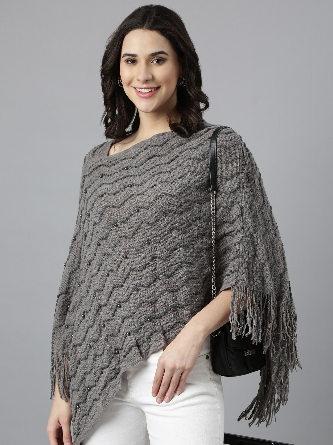 

SHOWOFF Women Chevron Longline Poncho with Embellished Detail, Grey