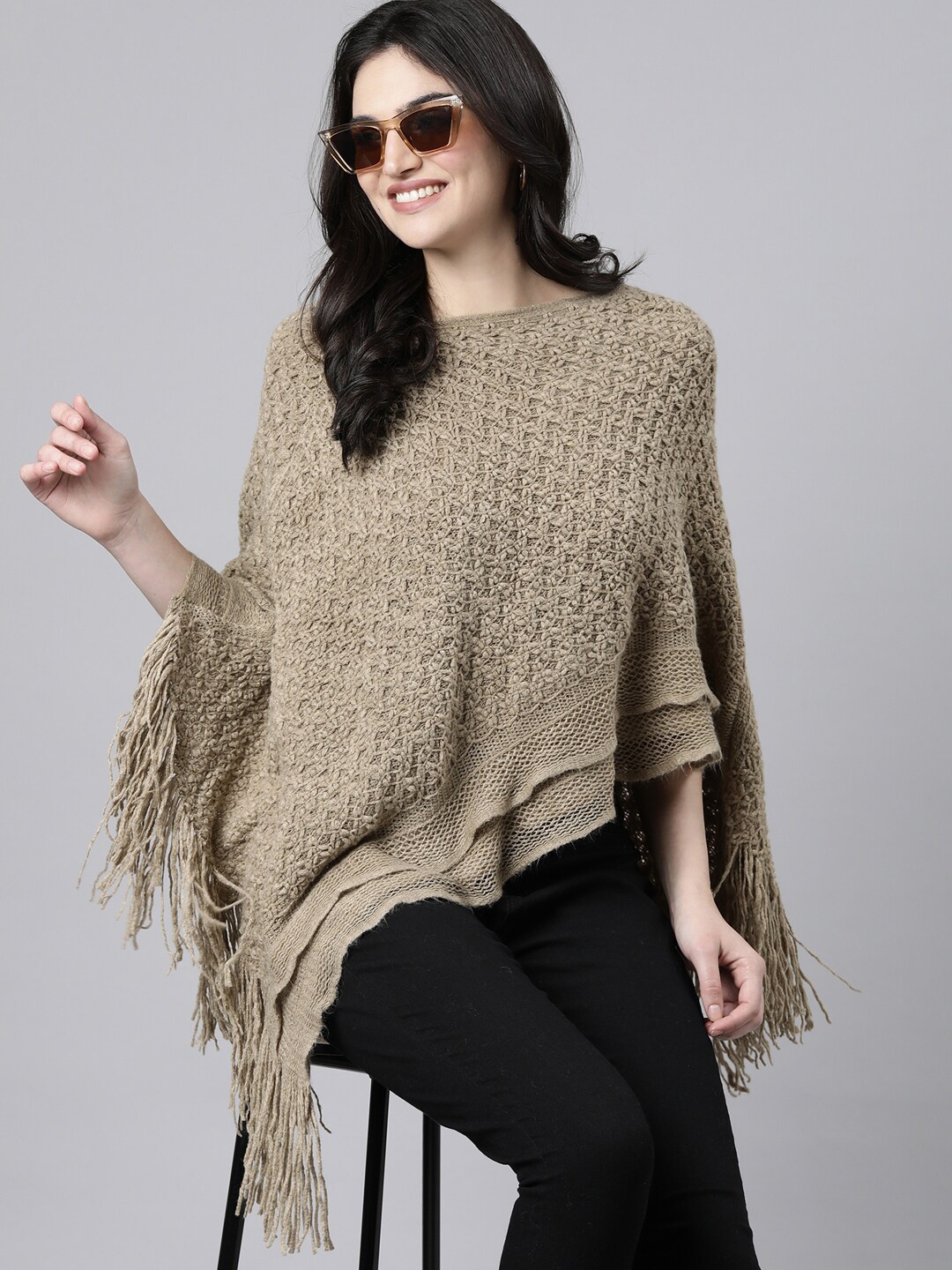 

SHOWOFF Women Cable Knit Longline Poncho with Fringed Detail, Beige