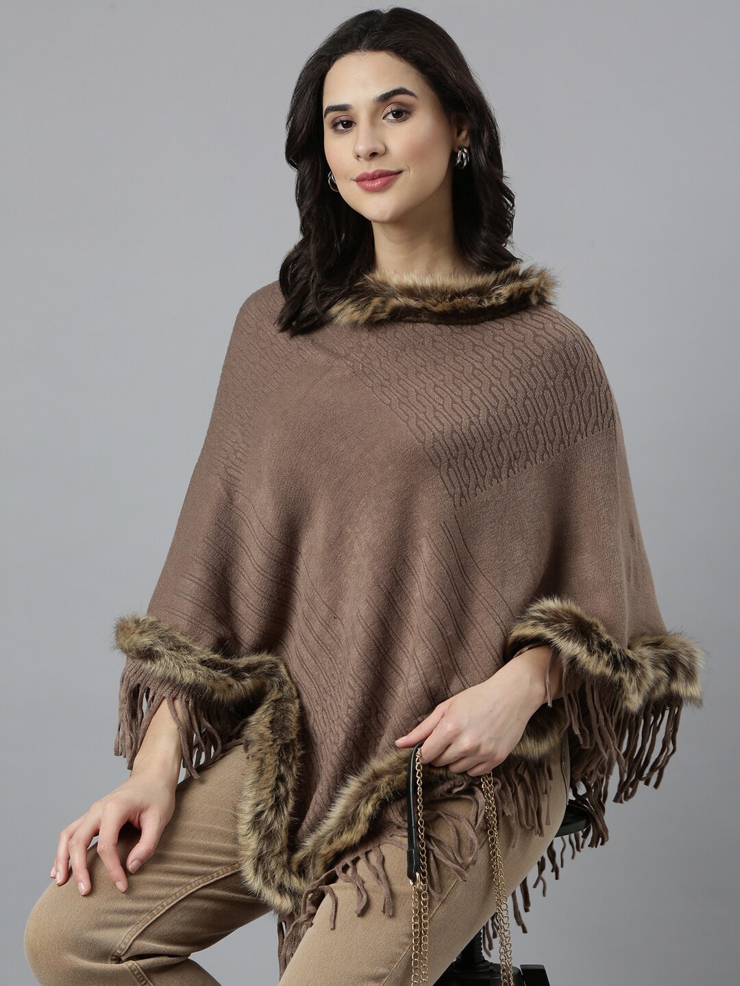 

SHOWOFF Women Longline Poncho with Fringed Detail, Brown