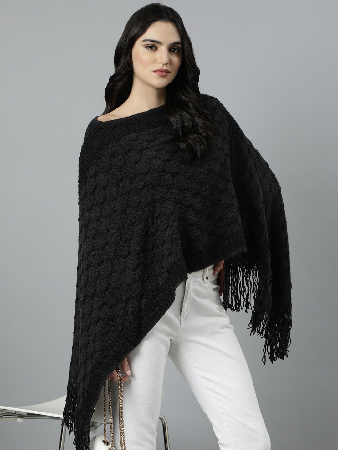 

SHOWOFF Women Cable Knit Longline Poncho with Fringed Detail, Charcoal