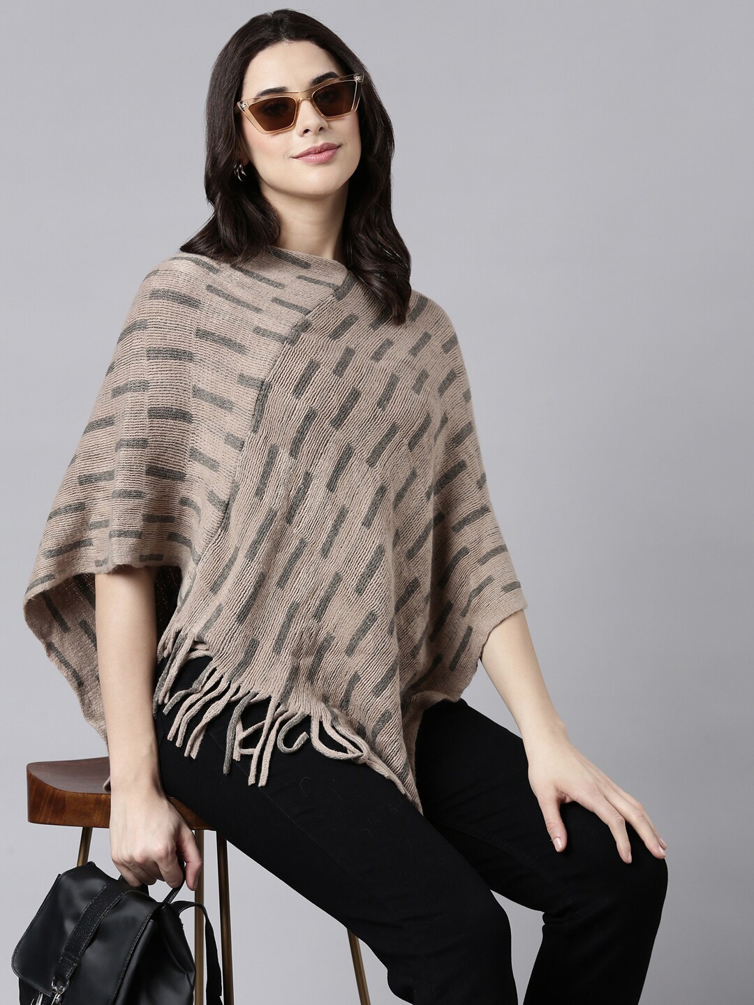 

SHOWOFF Women Striped Poncho, Brown