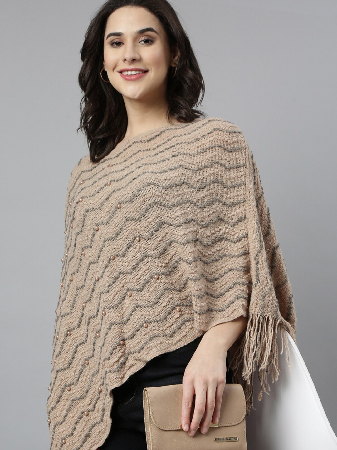 

SHOWOFF Women Chevron Ribbed Longline Poncho with Embellished Detail, Beige